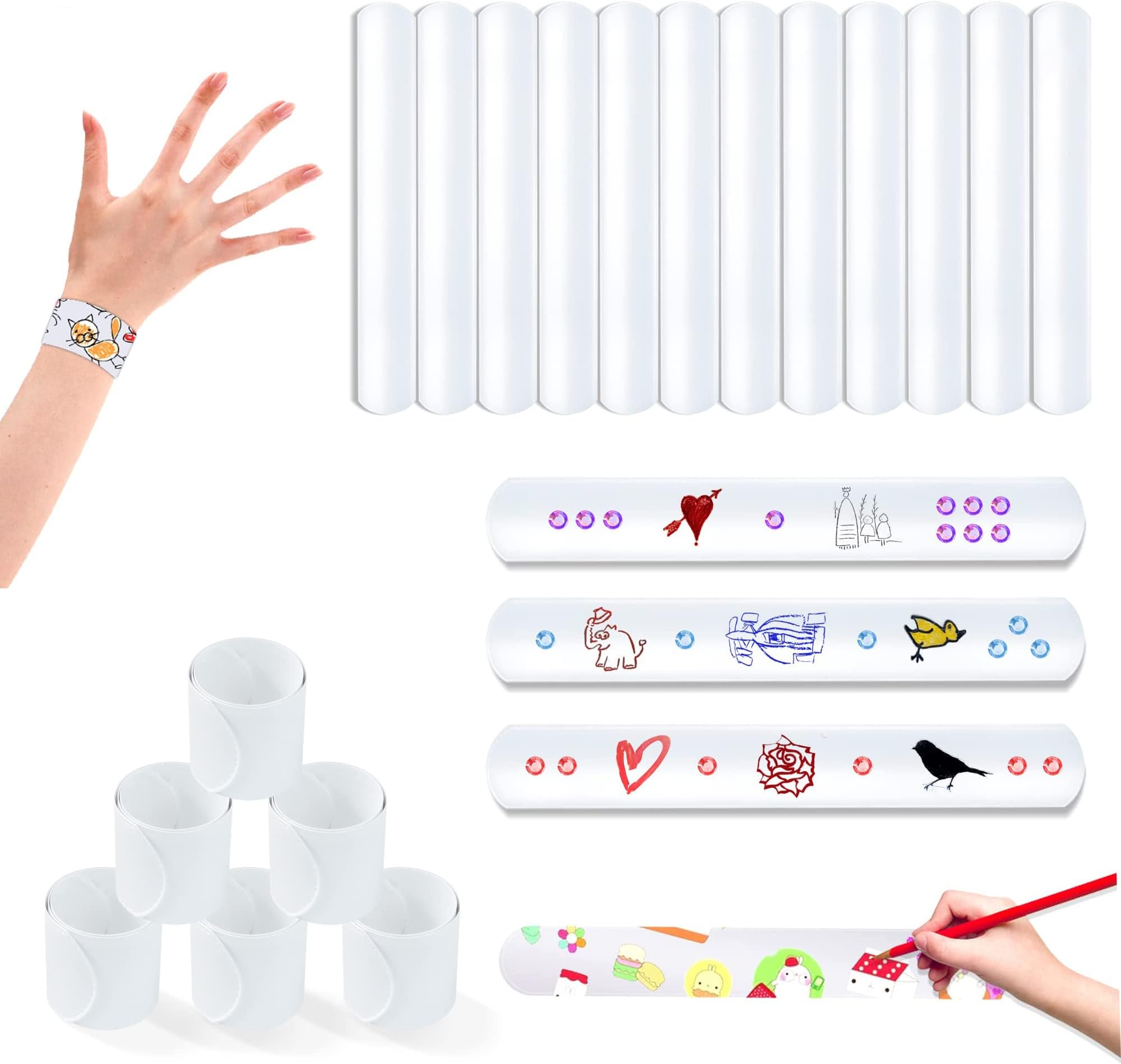 Excefore 30 Pack Slap Bracelets White, DIY Slap Bands Party Favors for Birthday, Halloween, Blank Soft Wristband School Craft Projects, DIY Painting