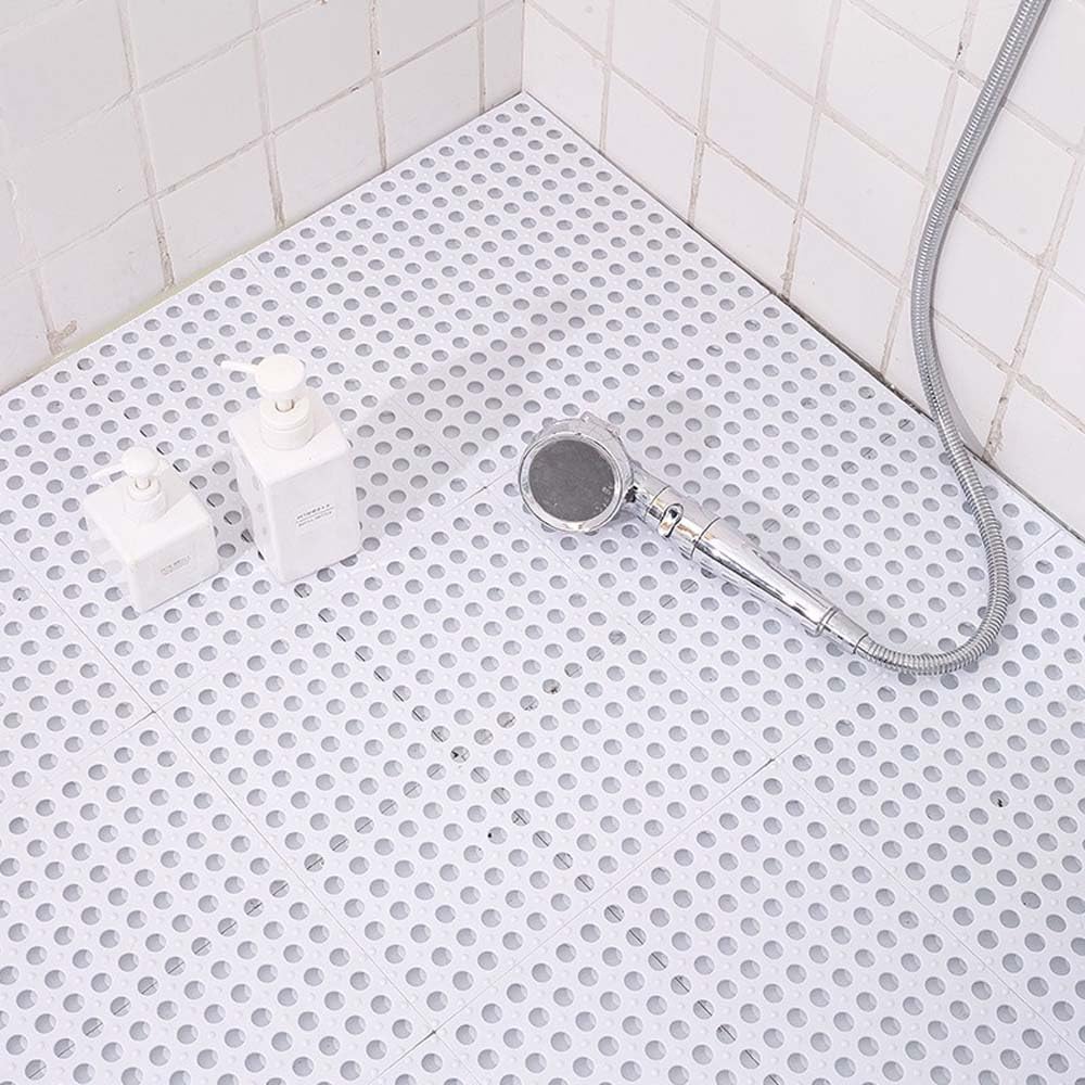 Bathroom Mat, Interlocking Rubber Floor Tiles Soft PVC Non-Slip Tile Splicing Shower Mat Outdoor Cushion Mat for Bathroom, Deck, Drain, Pool, Patio, Balcony (White,6Pcs/30x30cm)