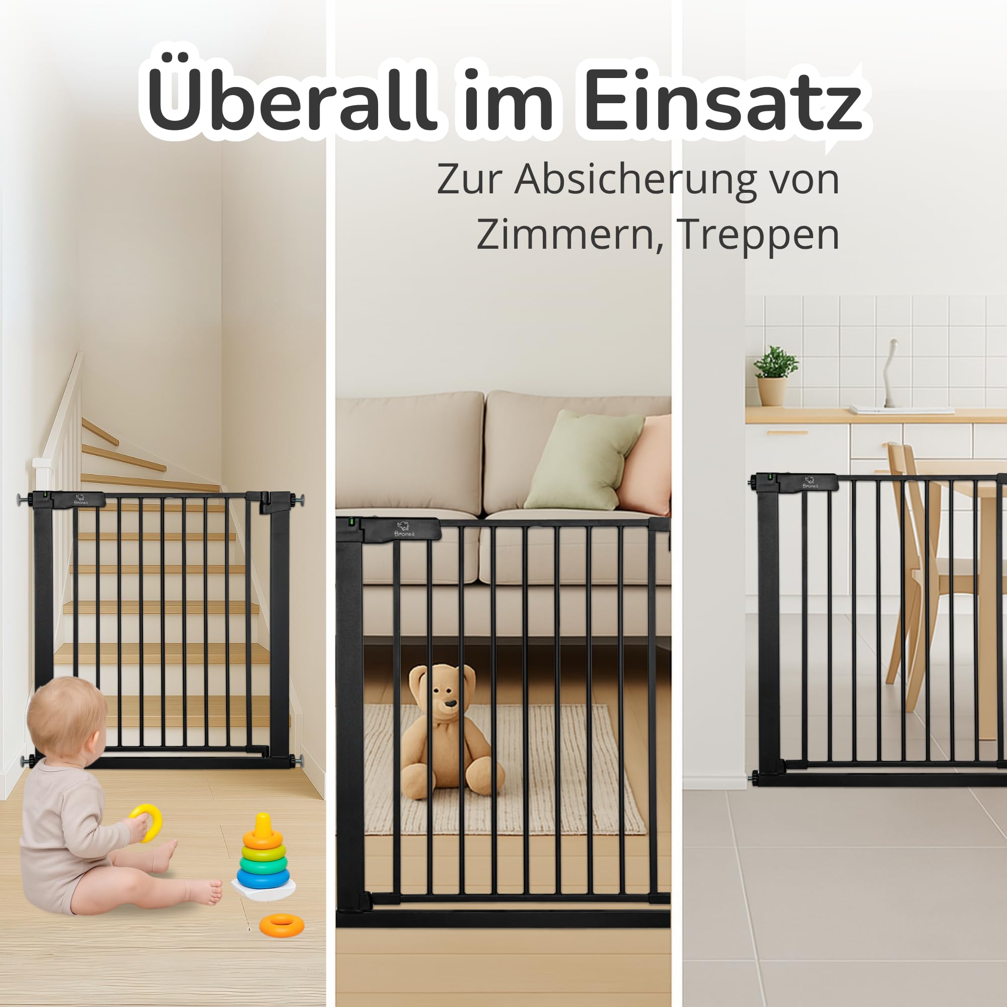Luca Treppengitter ohne Bohren | Türgitter & Treppenschutzgitter zum Klemmen | verlängerbar 75-194 cm | Auto-Close, 90° Stop, beidseitig schwenkbar (152-159 cm)