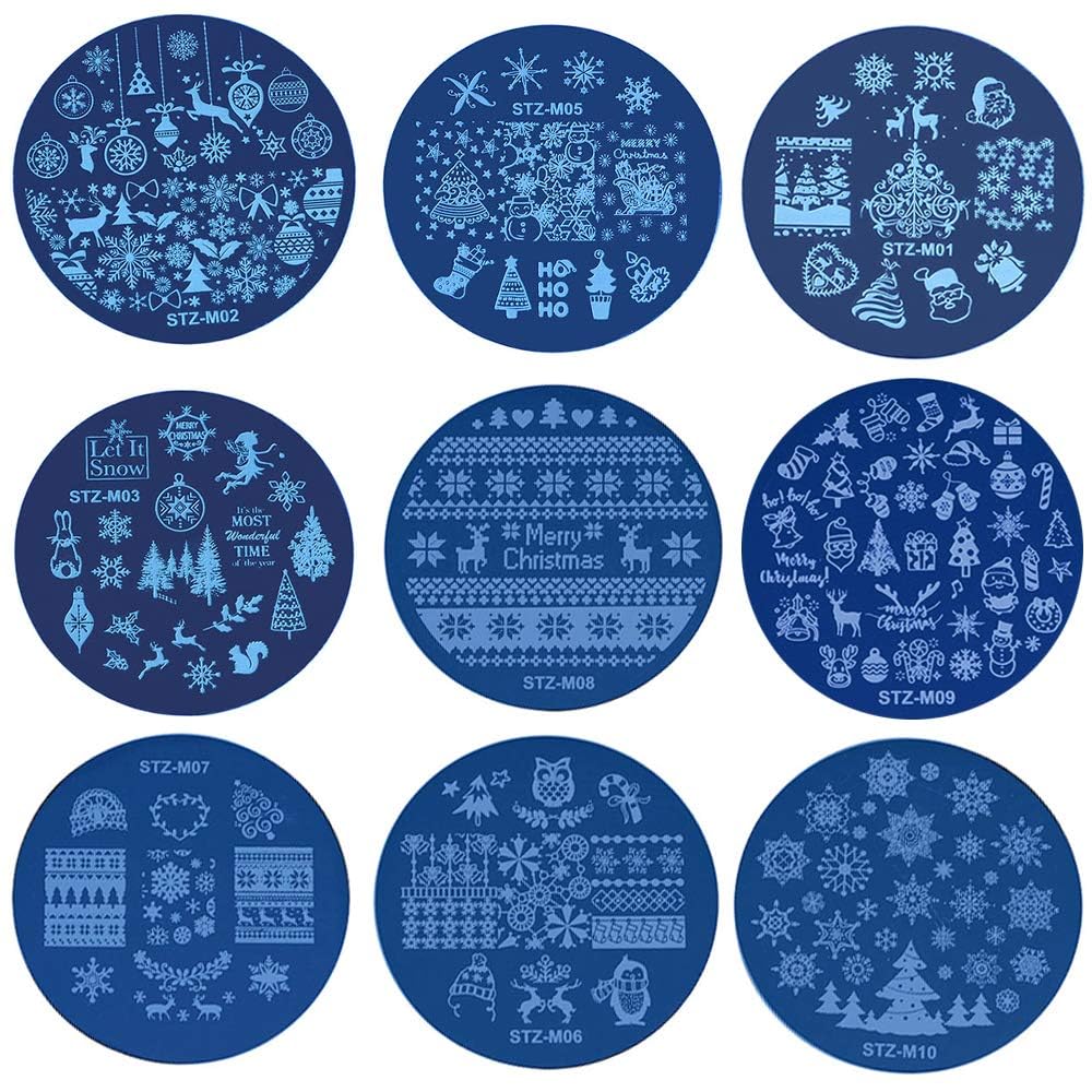 EBANKU 10 Pezzi Set di Nail Art Stamping Stampini, Nail Art Template Stencil Kit Fiocco di Neve Piatti per Timbri per Unghie per Donna Ragazze Decorazione Unghie Natalizie (A)