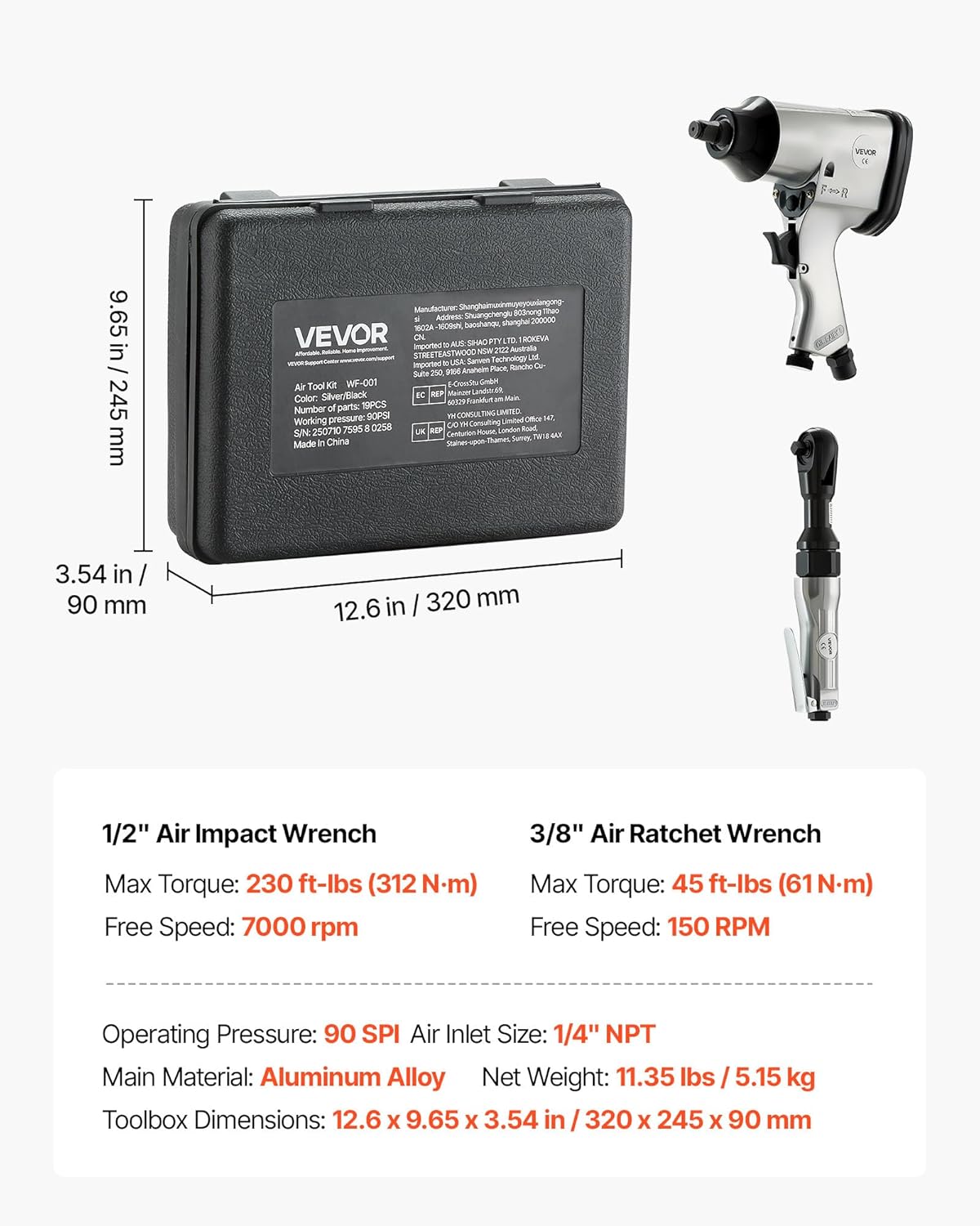 VEVOR 1/2" Air Impact Wrench & 3/8" Ratchet Wrench Combo, 19 Pieces Pro Air Tool and Accessories Kit - Includes 10PCS CR-V Steel Impact Socket Set & Carrying Case for Auto Repair, Home DIY Projects