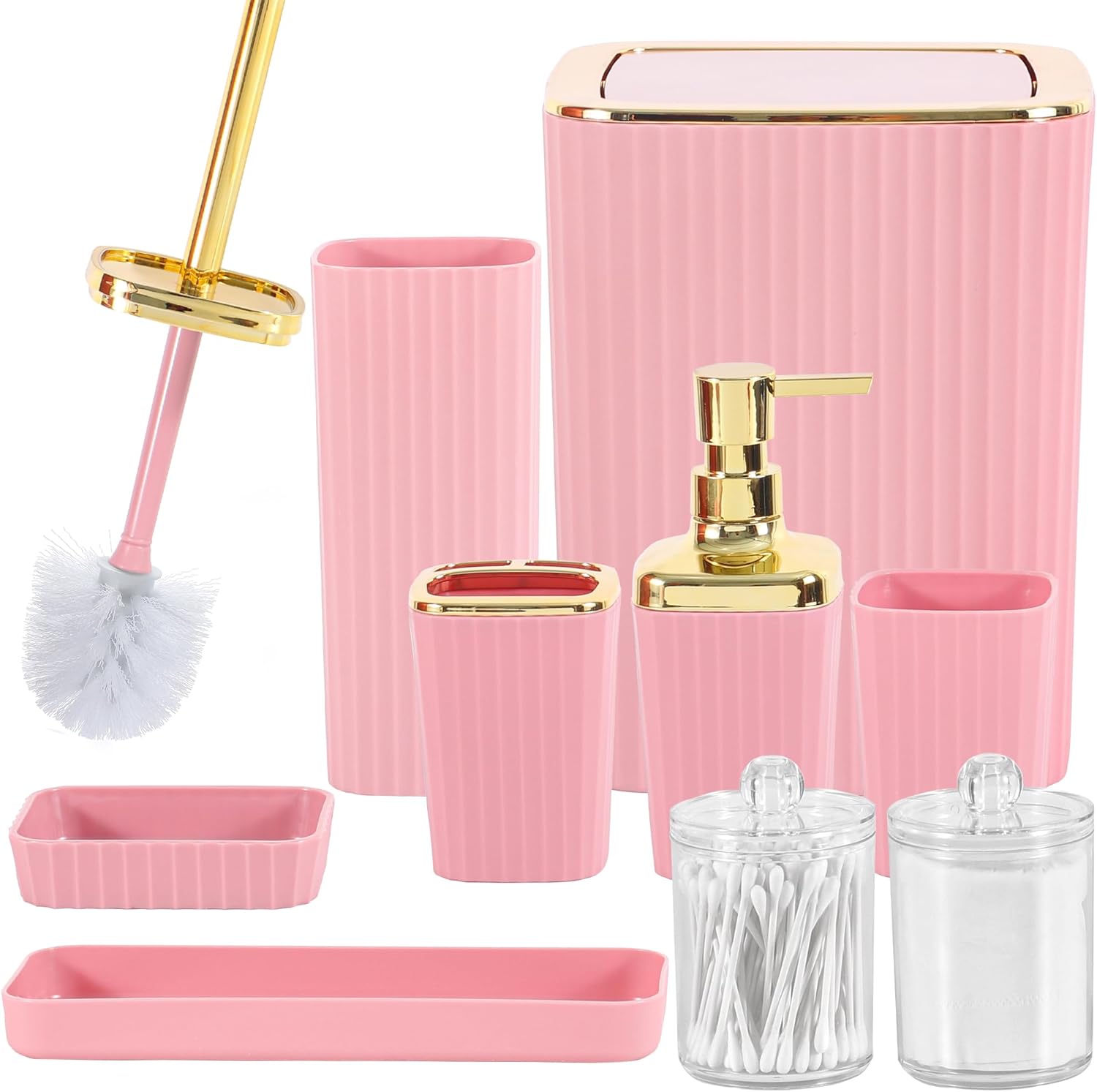 Bathroom Accessory Set,9 Pieces Pink Bathroom Accessories Set with Trash Can, Toothbrush Holder, Soap Dispenser, Toothbrush Cup, Vanity Tray, Soap Dish, Toilet Brush, Qtip Holder