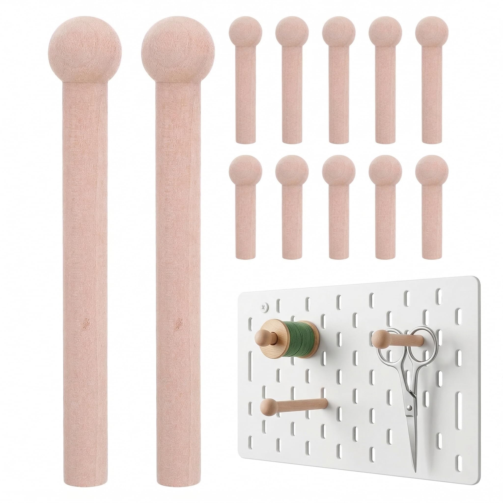 Healeved 12Pcs Wooden Pegboard Hooks Solid Wood Pegs for Wall Storage Tool Holders Peg Board Dowel Hooks for Workshop Home Organization (13x2.2x1.5 cm)