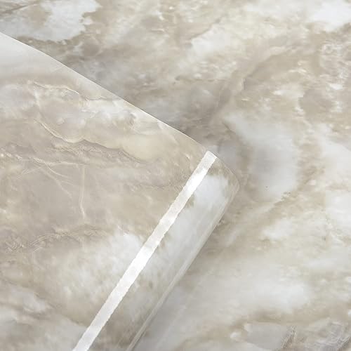 A-b-cil Cloudy - Papel tapiz de mármol crema de 400 x 16 pulgadas, impermeable, papel de contacto de mármol para pegar y despegar encimeras para