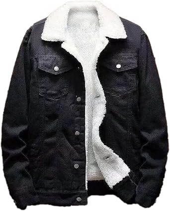 Mens Wool Lined Jean Jacket, Lapel Sherpa Fleece Thermal Thicken Denim Trucker Jacket Coats