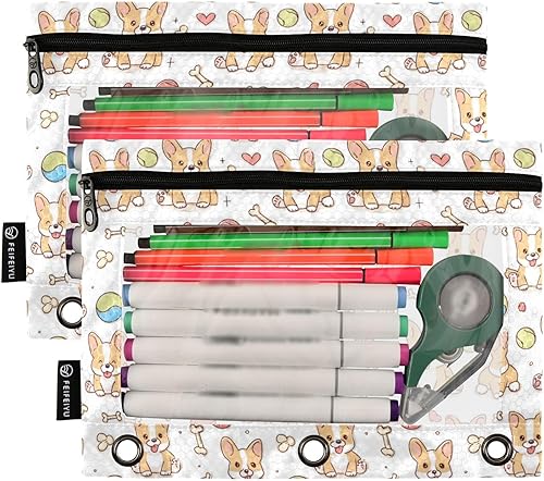 Miniatura 2 de Bolsas para carpetas, bonita bolsa de lápices Kawaii Corgi para carpeta de 3 anillas, paquete de 2 bolsas transparentes con cremallera para