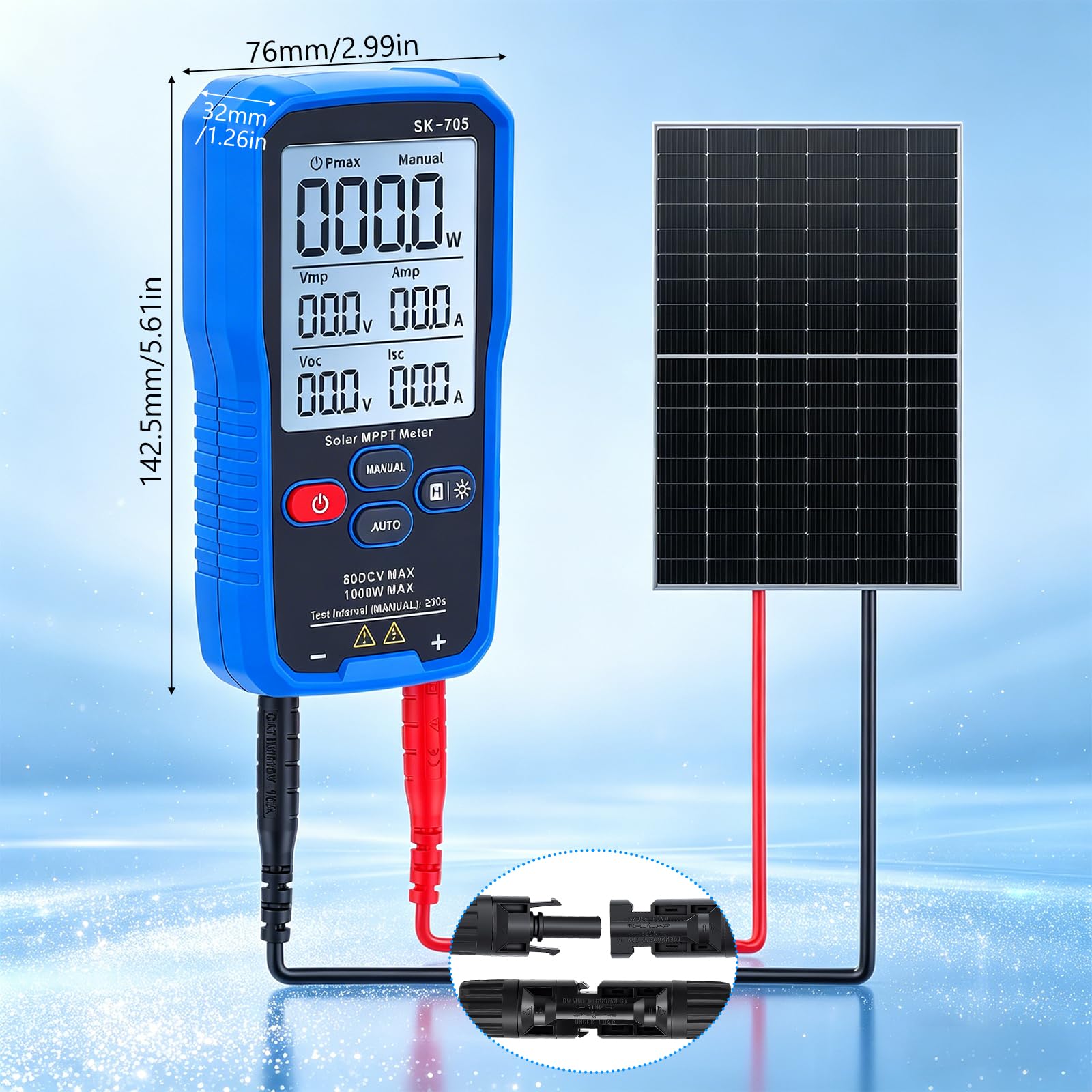 Solar MPPT Leistungstester 1000 W – Photovoltaik Panel Multimeter mit 3,2″ LCD, Solar-Prüfgerät für Voc, Isc, Vmp, Pmax, Auto/Manuell, für PV-Module bis 80 V / 35 A