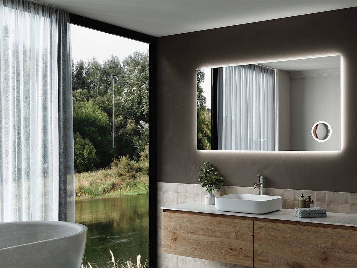 Sirhona - Specchio da bagno con illuminazione di 140 x 80 cm, luminosità regolabile e 3 colori regolabili, antiappannamento, memoria, IP44, supporto, ingrandimento 3X, specchio connesso per bagno