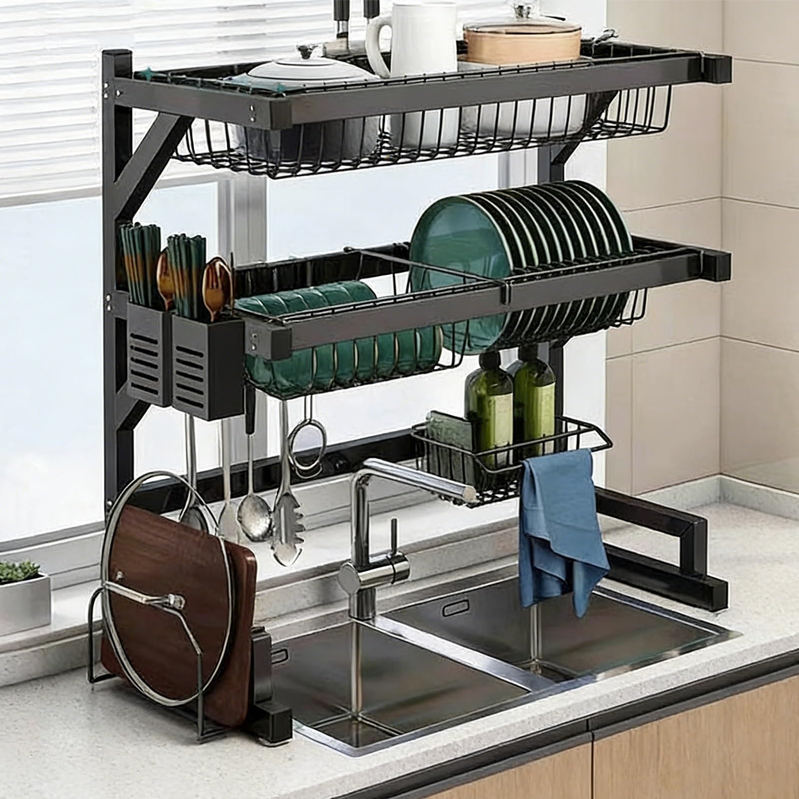 Escurridor de platos multifunción con soporte para utensilios, organizador de fregadero de cocina para platos, vasos, cuencos, cubiertos