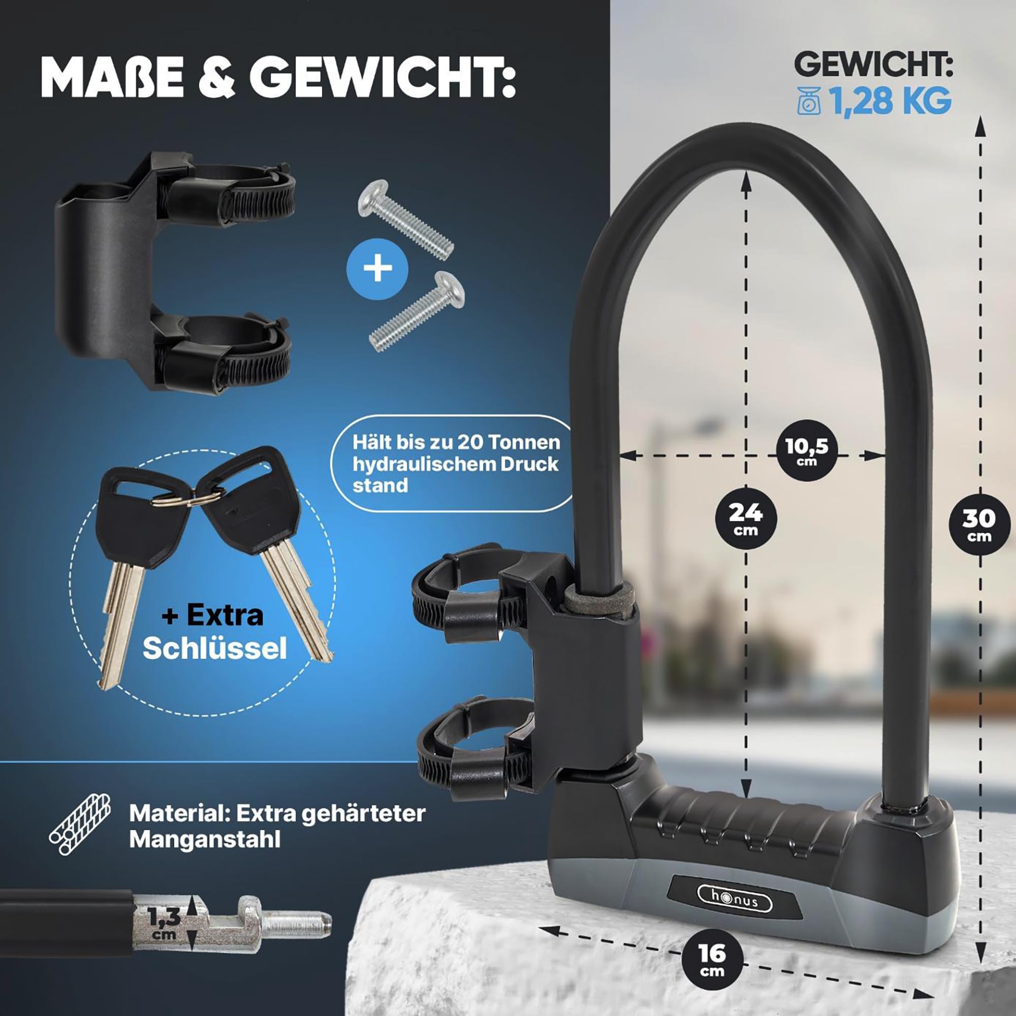 HONUS Bügelschloss E Bike - Fahrradschloss E-Bike DEFENSE PRO Sicherheit | Speziell für E-Bikes - Hohe Sicherheitsstufe - Mit Schlüssel - Robust & Wetterfest - Designed in Germany - Diebstahlschutz