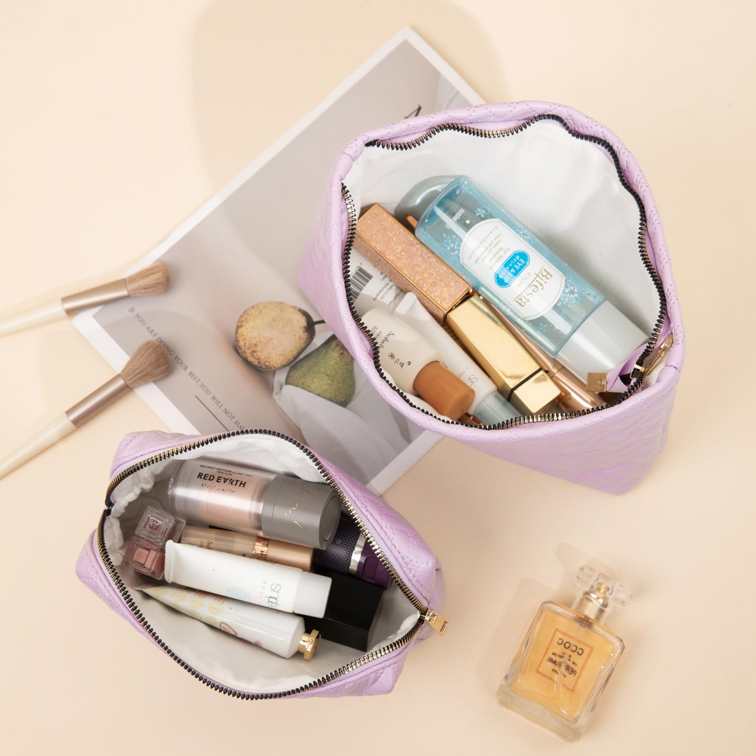 Viverte 2 Pieces Makeup Bag Toiletry Bag for Girls Vegan Leather Travel Cosmetic Preppy Cute Make Up Brush Bag Pack Gifts for Teen Girls (Lavender)