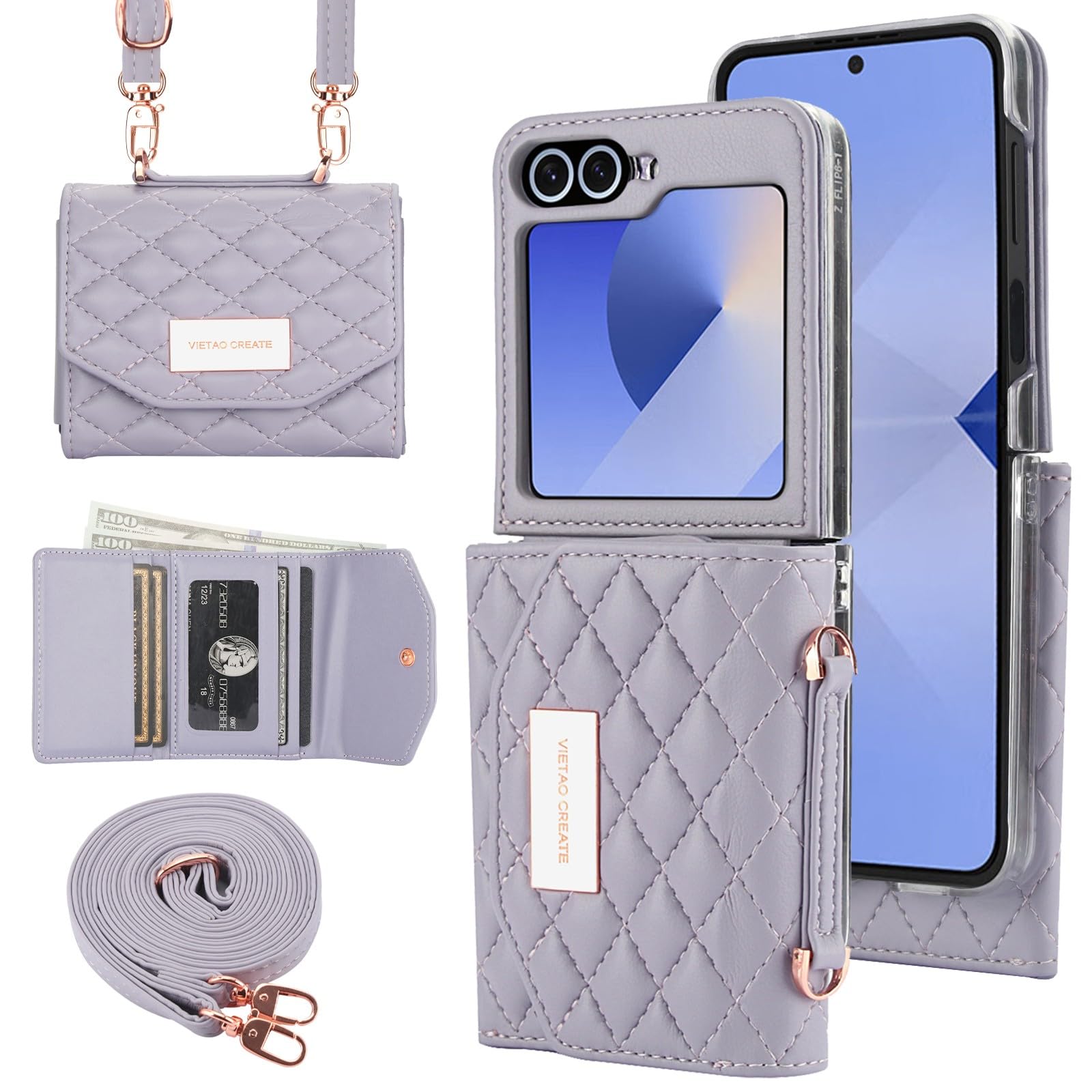 Etui portfelowe na telefon komórkowy Samsung Galaxy Z Flip 8 z wbudowaną skórzaną przegródką na gotówkę i uchwytem na karty kredytowe, regulowany pasek crossbody, ochrona zawiasów dla kobiet i