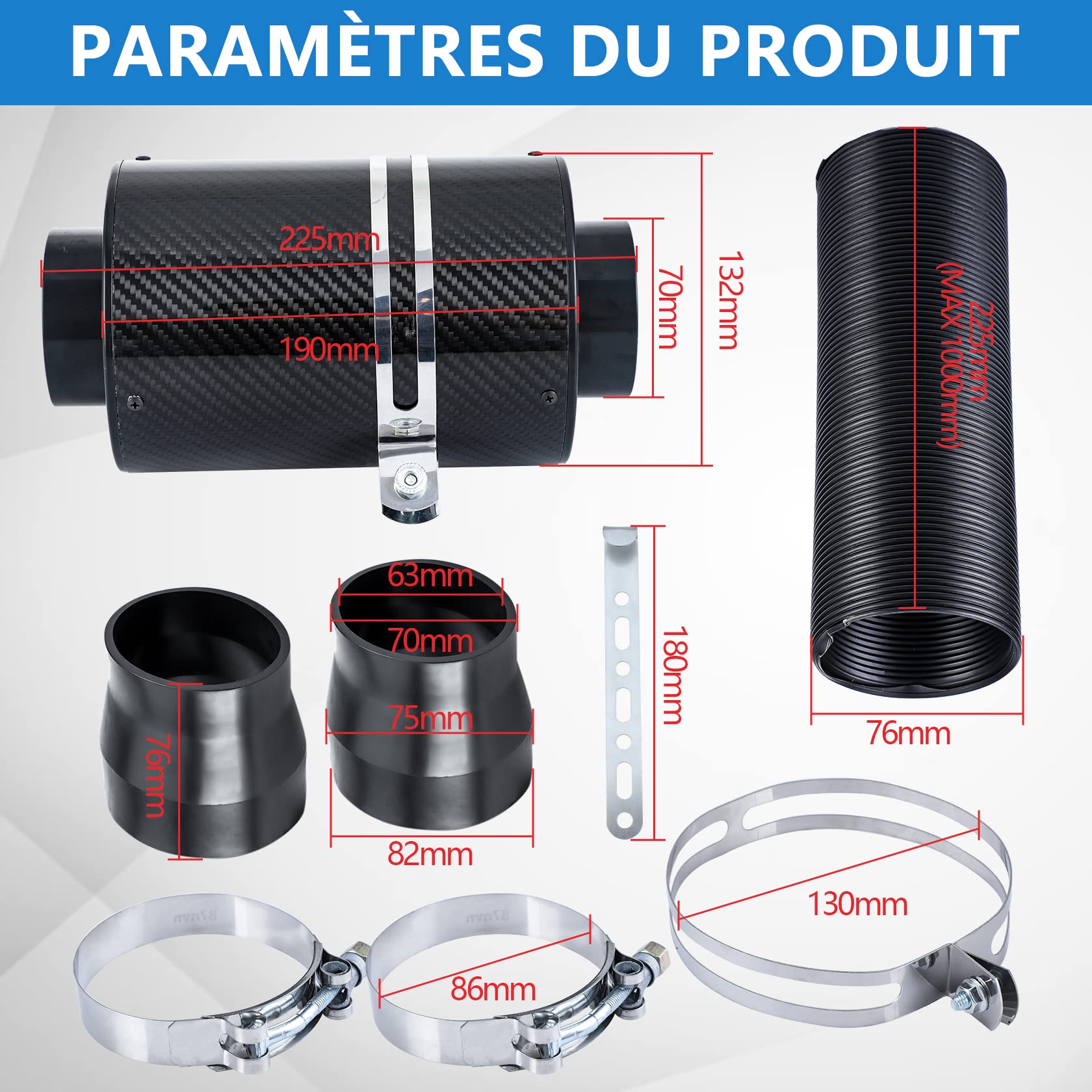 CarBole Filtre à Air Froid, 76mm, Tuyau Rétractable jusqu'à 225mm