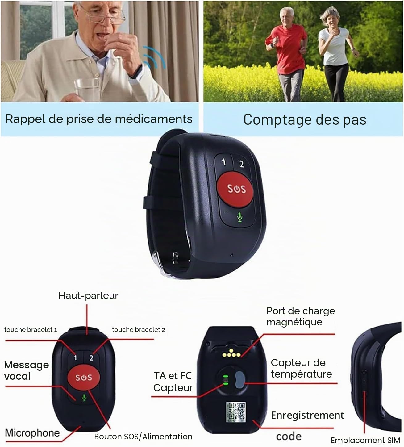 Localisateur GPS pour Personnes âgées, Smartwatch avec détection de Chute, Appel Rapide, Rappel médicaments, interphone Vocal, Surveillance de la température corporelle, Bouton SOS, pour l'Autisme,