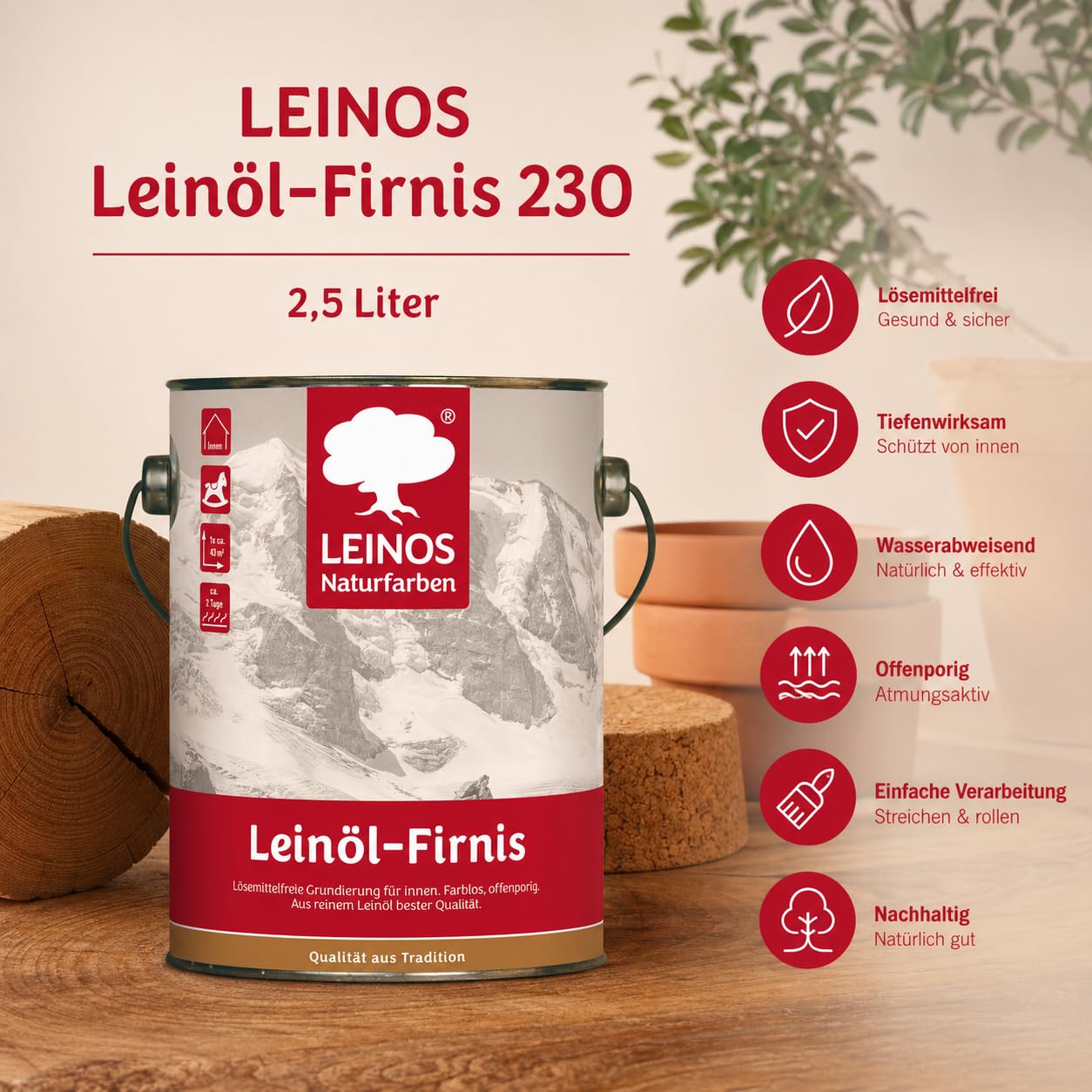 Leinöl-Firnis – Biologischer Holzschutz, farblos, innen & außen, 2,5 L | Holzschutz für Möbel, Türen & Zäune | natürlicher Firnis, Holzpflegeöl für den Außenbereich | wetterfest, lösemittelfrei