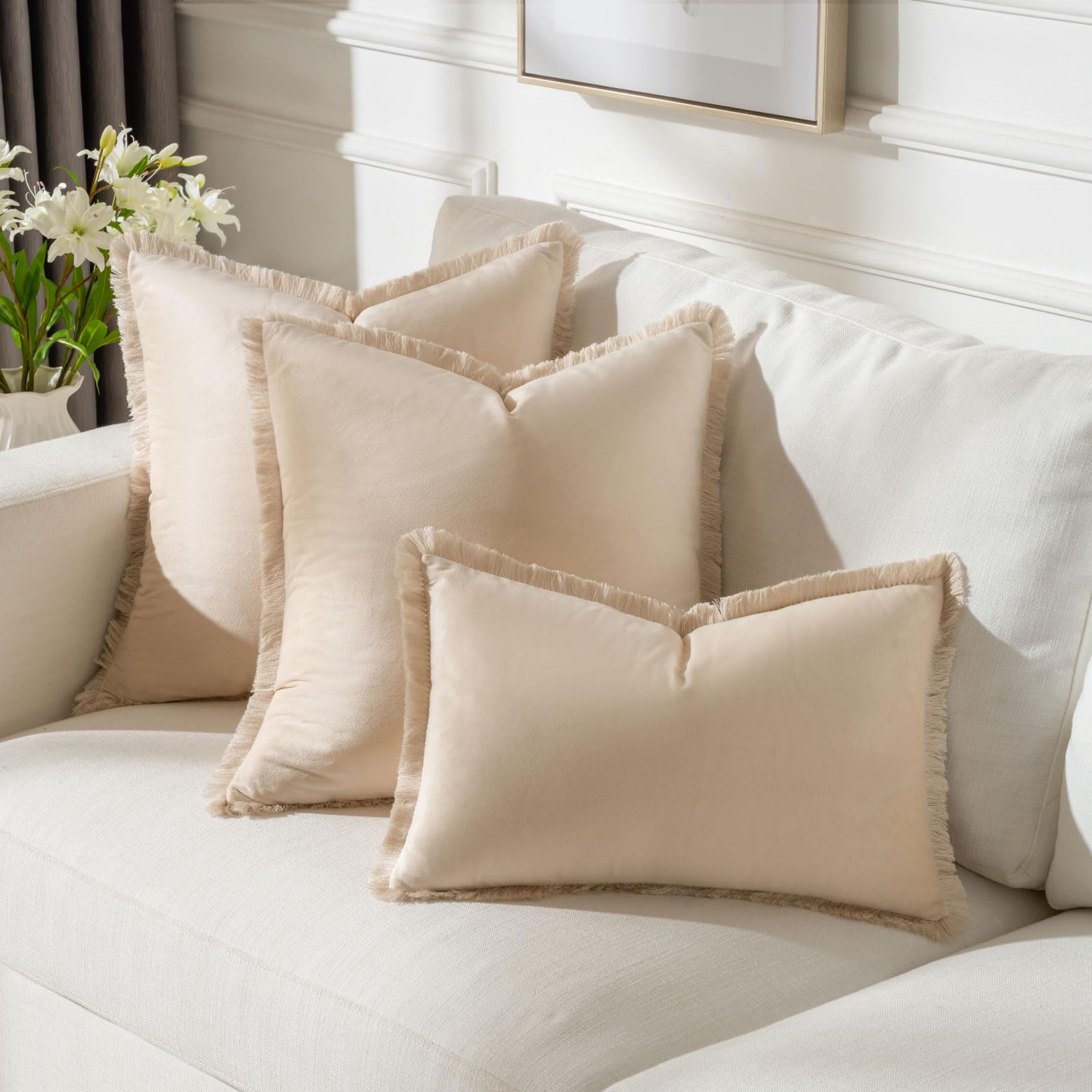 FUTEI Set di 2 federe decorative in velluto beige, 61 x 61 cm, morbide e accoglienti, con nappe, stile europeo, stile bohémien, decorazione per la casa per divano, letto, soggiorno