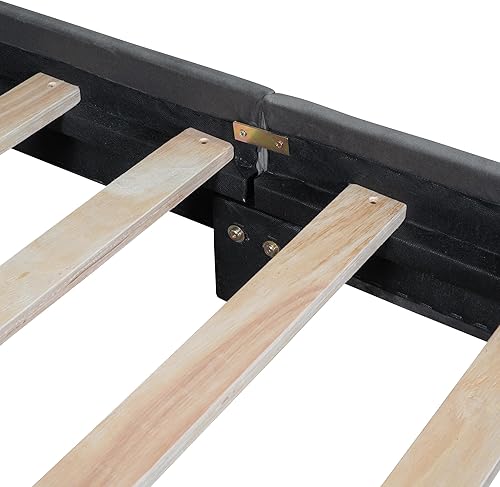 Miniatura 8 de Cama de plataforma de tamaño individual con bonita cabecera en forma de orejas de oso, cama tapizada de terciopelo con soporte de listones de