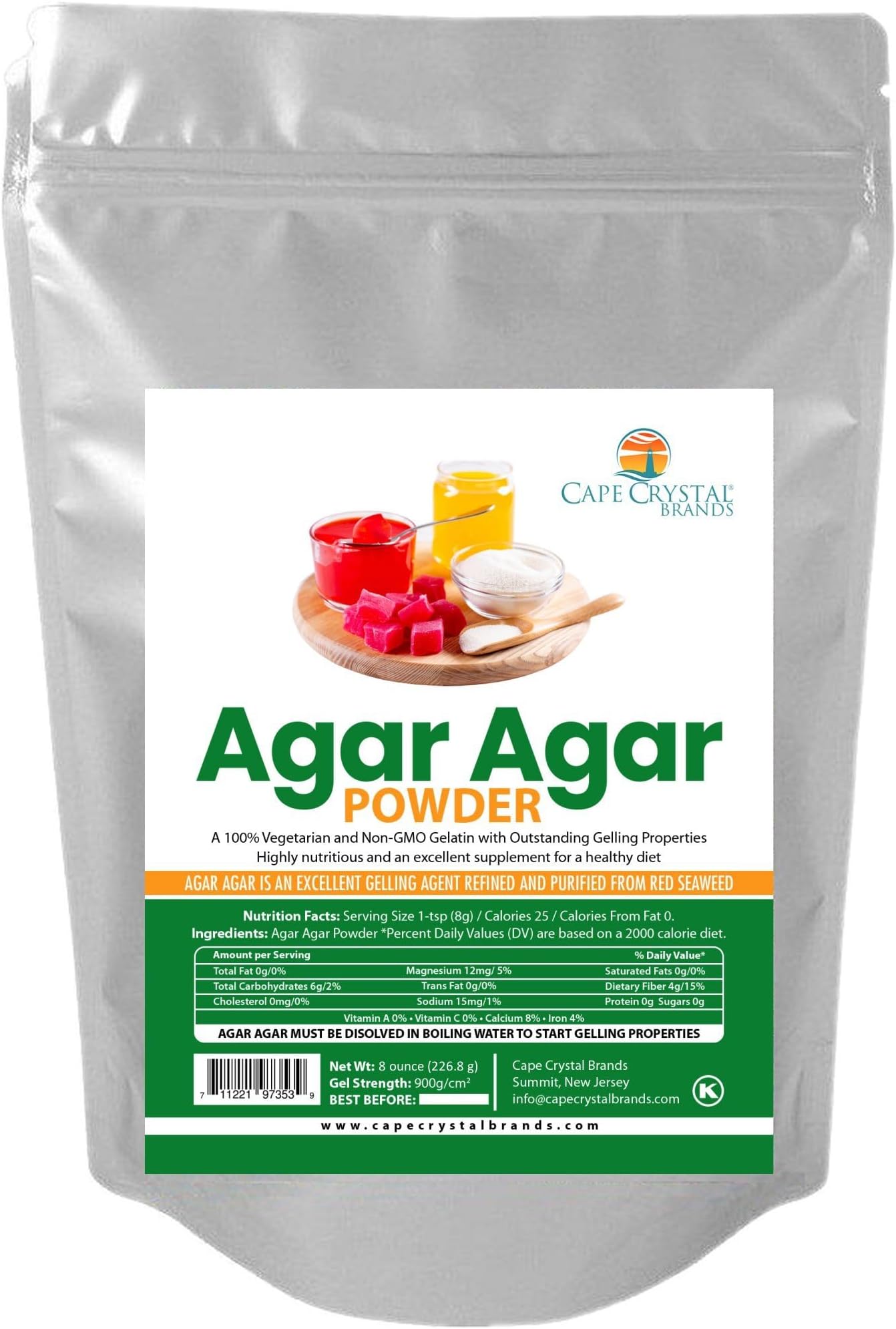 Agar Agar Powder (8 OZ) | Premium Quality | Healthy Vegan Gelatin Dietary Fiber Supplement and Thickener – Sugar-free, Gluten-free, Unflavored, Kosher Certified
