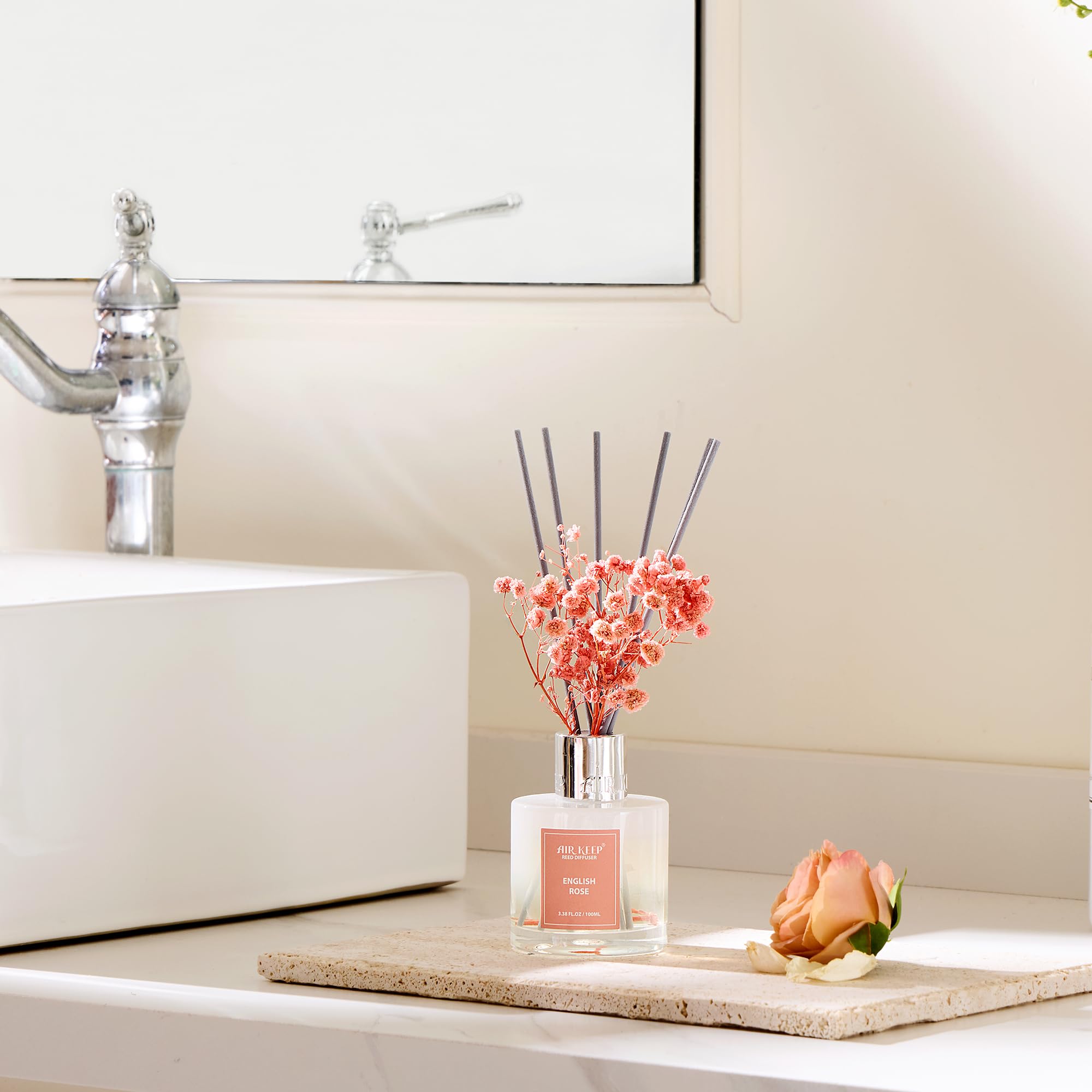 Airkeep Diffusor-Set, 100 ml – Englische Rosenöl-Diffusoren mit 8 Stäbchen, Raumduft-Diffusor für Badezimmer-Regal-Dekor