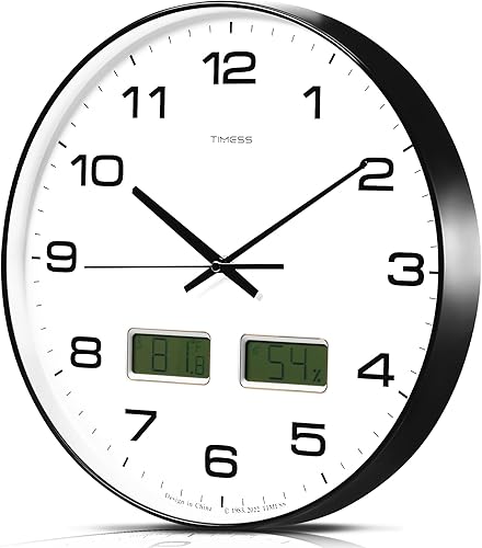 Reloj de pared, esfera grande de 14 pulgadas, silencioso, funciona con pilas, analógico con pantalla LCD dual para temperatura y humedad
