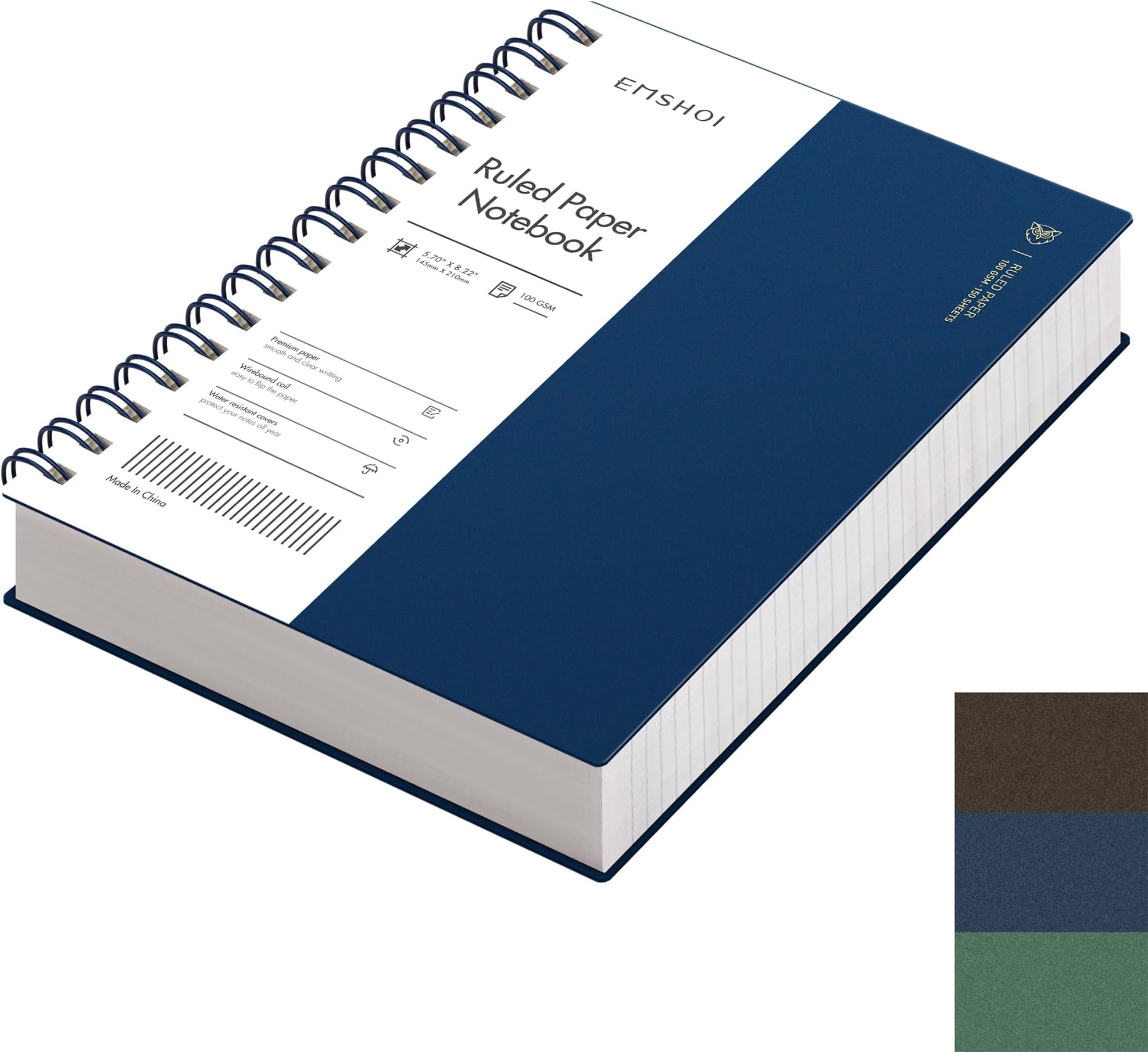 A5 Notebook College Ruled, Spiral Notepad 150 Sheets/300 Pages, 100gsm, PVC Cover, Sticky Notes, Pocket, Pen Loop, Ruler, Bookmark, Lined Journal for Women Men Writing, 14.5 x 21cm, Blue