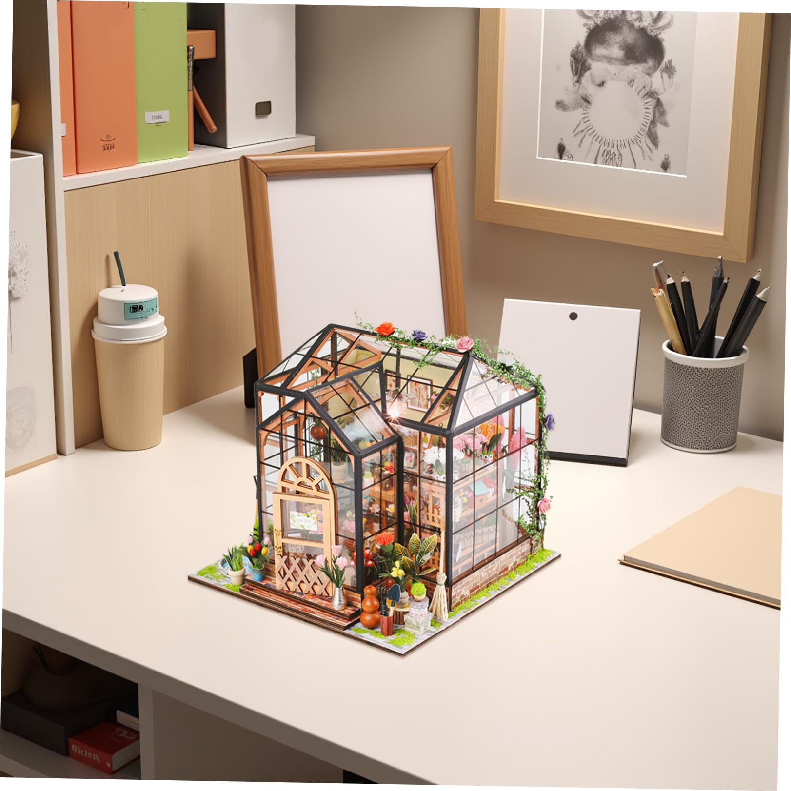 UKCOCO Kit de Manualidades para Casa de Flores en Miniatura, Modelo de Invernadero de Construcción 3D, Madera y Acrílico, Varios Accesorios, para Coleccionistas y Niñas, Decoración
