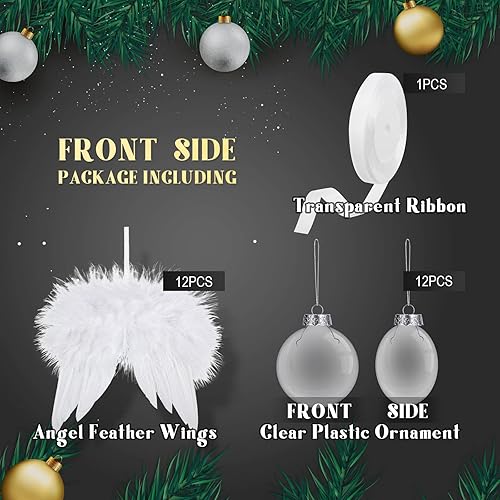 Miniatura 9 de Sratte Adorno conmemorativo con forma de bola de plumas de plástico transparente rellenable, adornos para árbol y alas de plumas de ángel y cinta