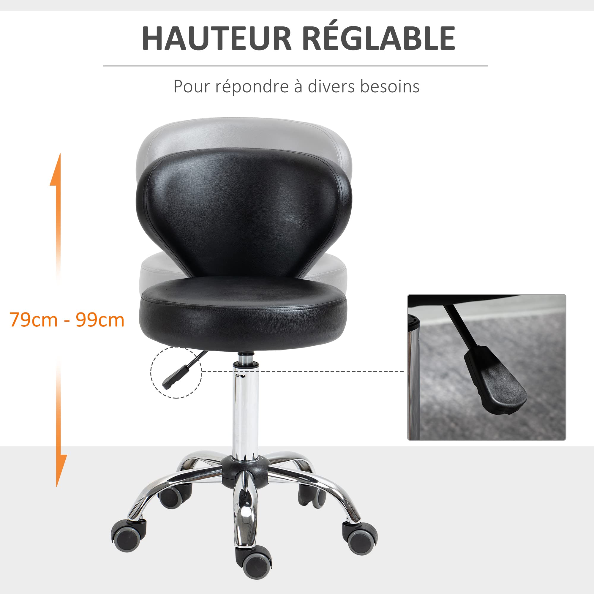 HOMCOM con Ruedas de Masaje – Taburete de Trabajo Giratorio 360° – Asiento Ajustable 49-64H cm, Respaldo ergonómico – Metal Cromado Revestimiento sintético Negro