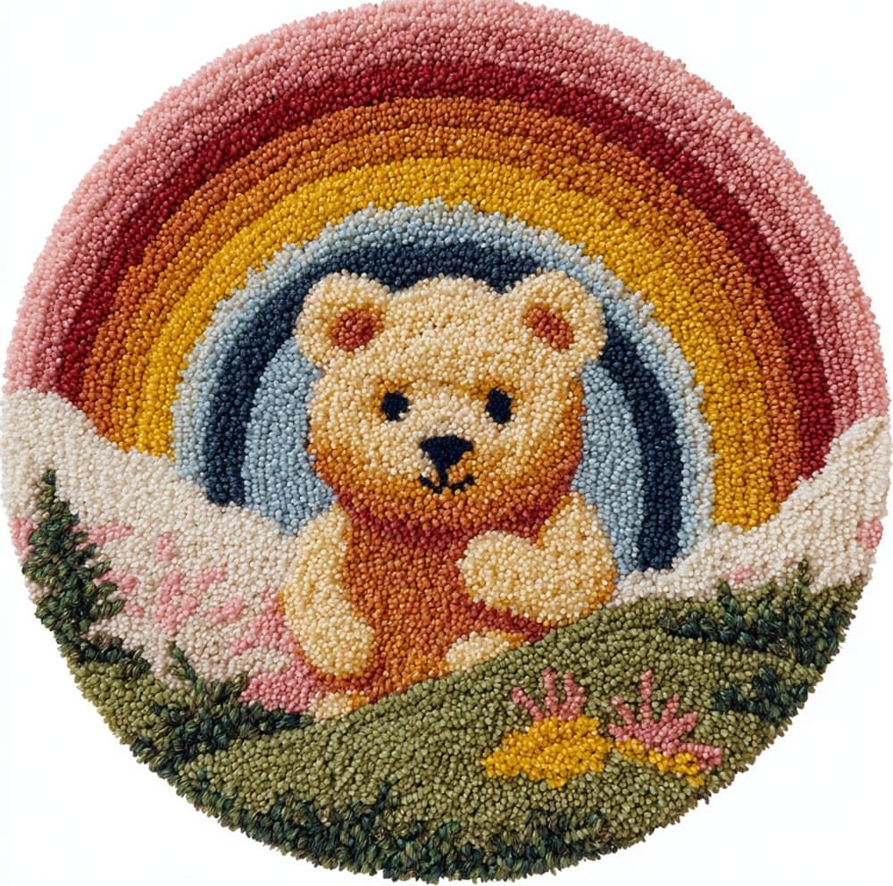 Round Shape Latch Hook Kits Rug Little Bear Under The Rainbow 20X20Inch (50X50Cm) Diy Cushion Rug Carpet Making Crochet Hook Kits Preprinted Pattern Canvas Cushion Arylic Yarn Hooking Kits R
