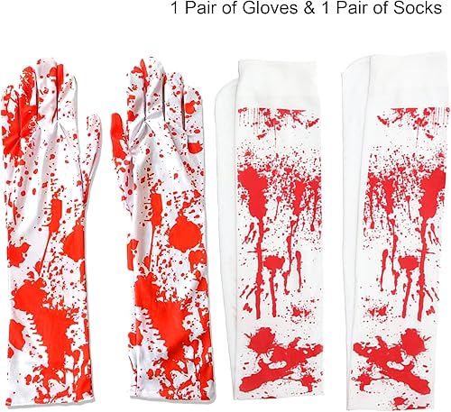 Miniatura 2 de Famiredo Calcetines altos y guantes para disfraz de Halloween, 1 par de guantes manchados de sangre y 1 par de calcetines manchados de sangre para