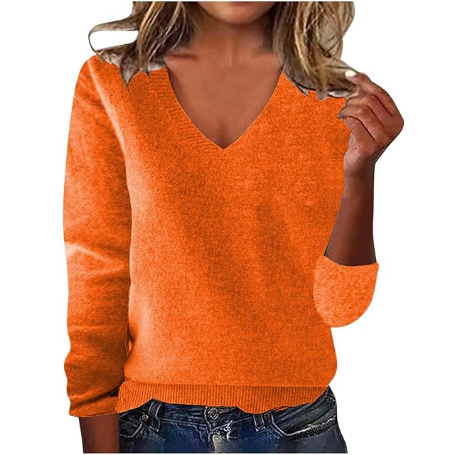 Knitting Cotton Sweater for Women Fall Knit Lightweight V Neck Pullover Tops Long Sleeve Solid Color Casual Sweater
