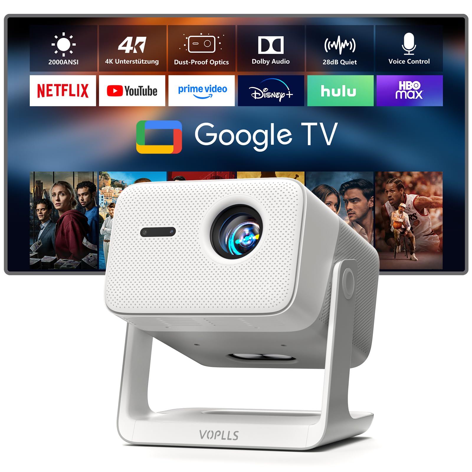 Smart Beamer【Google TV/Offizielle App】 VOPLLS 2000ANSI Tageslicht Beamer 4K Heimkino Autofokus & Trapezkorrektur Projektor mit Dolby Audio/HDR10+/2-Wege Bluetooth WiFi6 Outdoor Projector für Handy
