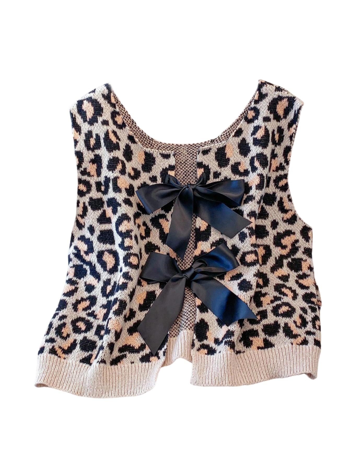 Womens Plus Size Y2K Leopard Print Sweater Vest Bow Tie Up Sleeveless Knitwear Tops