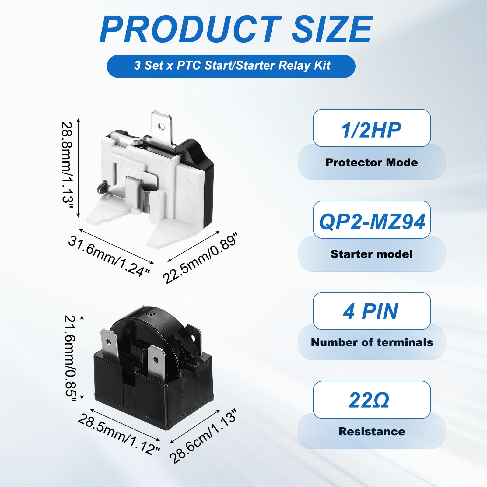 QUARKZMAN 3 Set PTC Relais Démarreur Réfrigérateur 22 Ohm 4 Broches Et Protège-Surcharge Congélateur 1/2HP Pour Compresseur Réfrigérateur