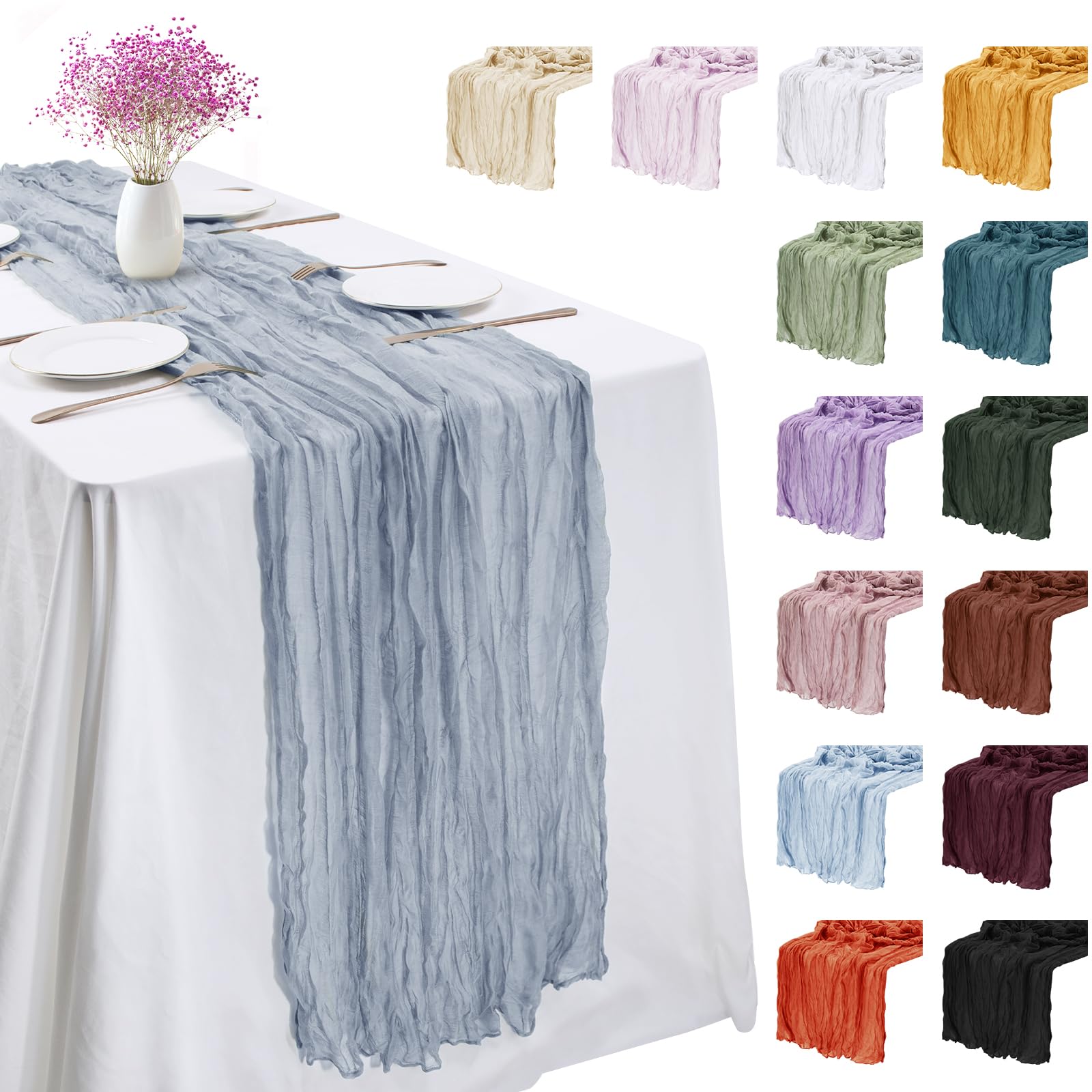 LEREATI 3 Pack Dusty Blue Cheesecloth Table Runner 90cm x 300cm Chiffon Gauze Fabric Sheer Cheese Cloth Table Runner for Dresser Birthday Wedding Dining Room Summer Boho Decoration