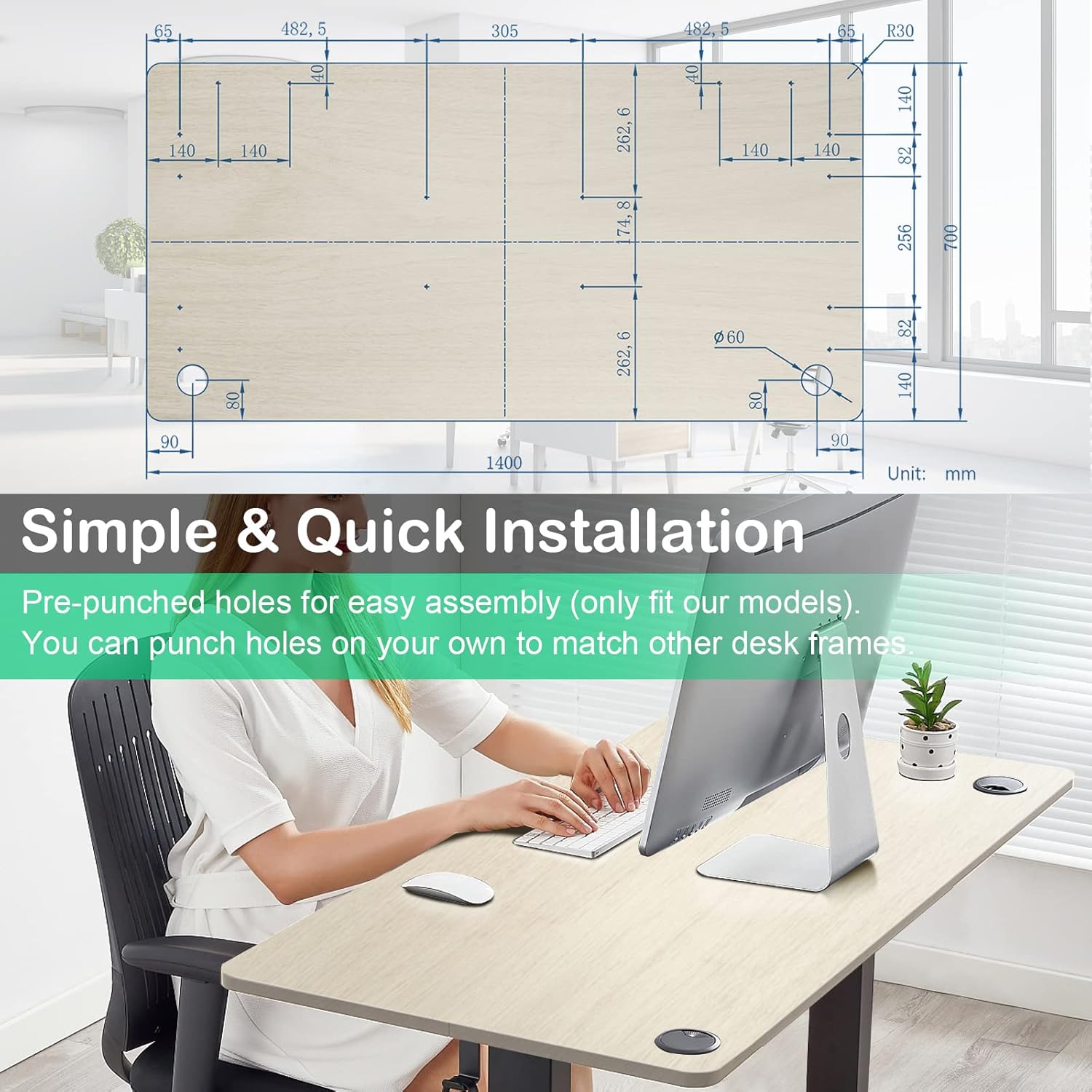 COSTWAY Universal Table Top, Solid One-Piece Wood Desktop for Standard & Height Adjustable Desk Frame, Rectangular DIY Home Office Countertop(Table Top only) (Natural, 55" x 28")