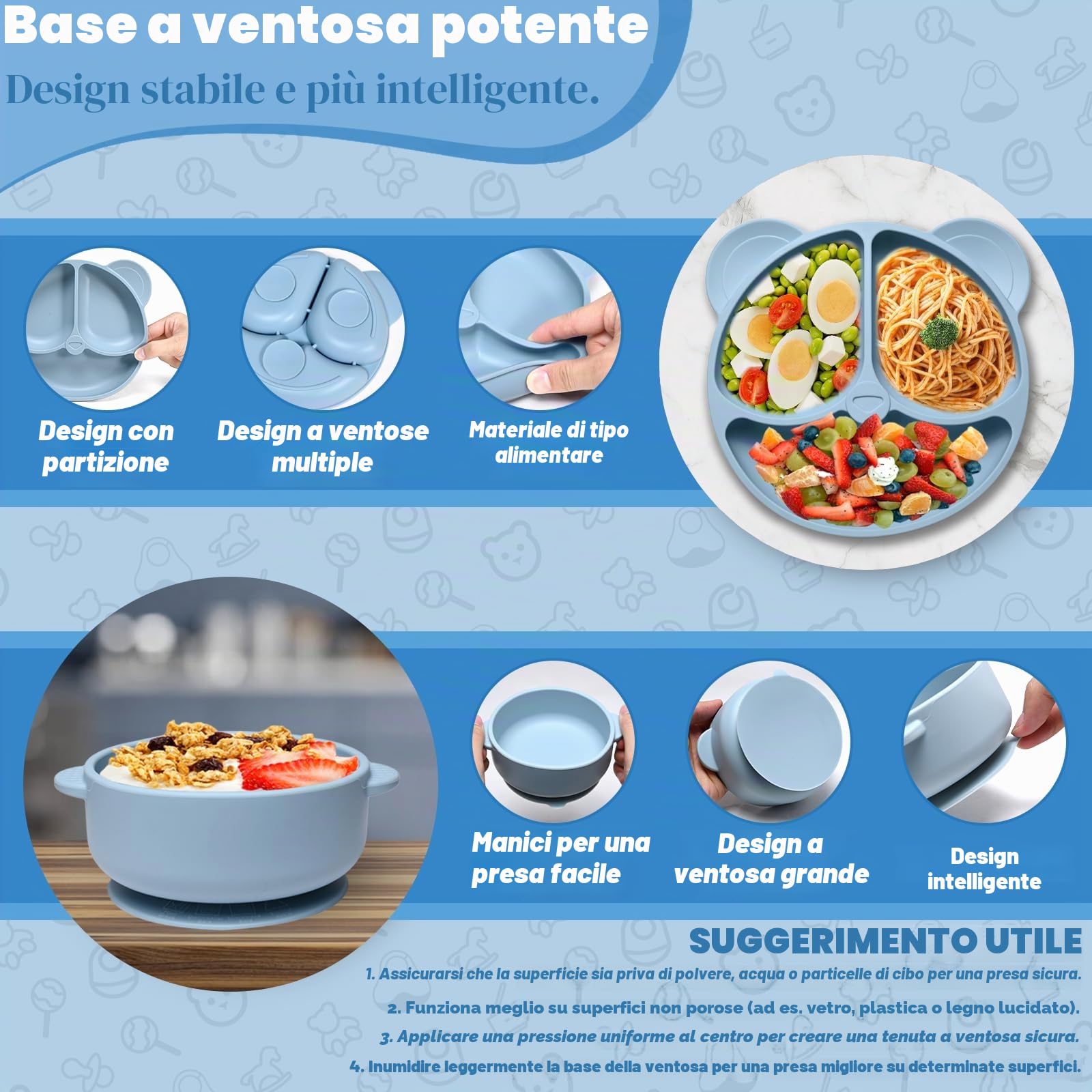 Set Pappa Svezzamento, 11 Pezzi Svezzamento Set Silicone Piatto per Bambini con Ventosa Ciotola Cucchiaio Tazza Bavaglino,Training Esercitarsi A Mangiare Da Soli, Set di Posate,Senza BPA(Blu)
