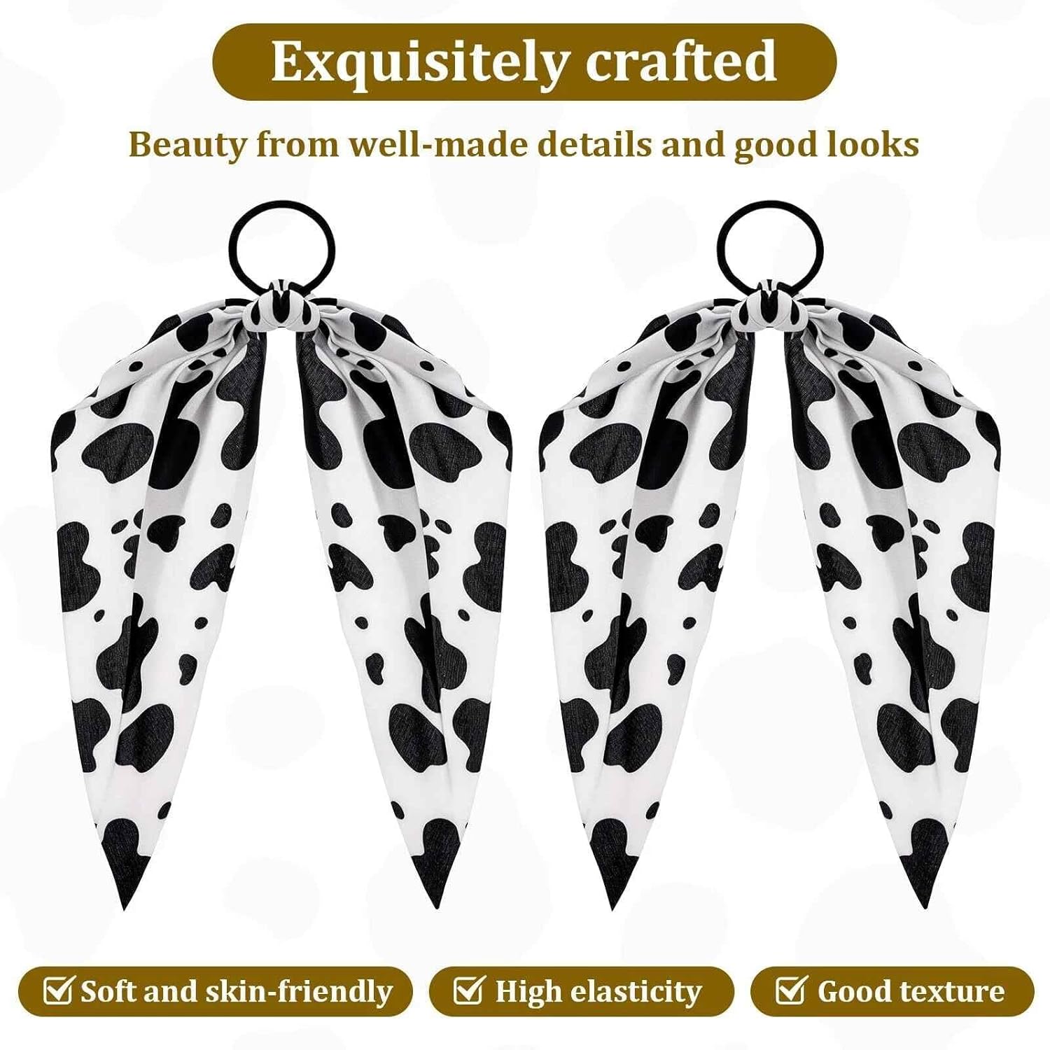 2Pcs Cow Print Hair Band, Elastic Hair Tie Ropes, Non-Slip Bow Hair Scarf Scrunchies for Women, Bowknot Ponytail Holder Hair Accessories for Thick, Long, Curly Hair - Image 8
