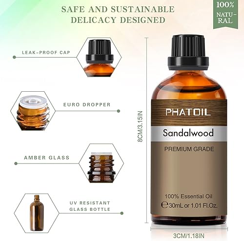 Vista 327 de PHATOIL Aceite esencial de sándalo de 3.3 fl oz, aceites esenciales puros de aromaterapia para difusor, humidificador, relajación, aceites