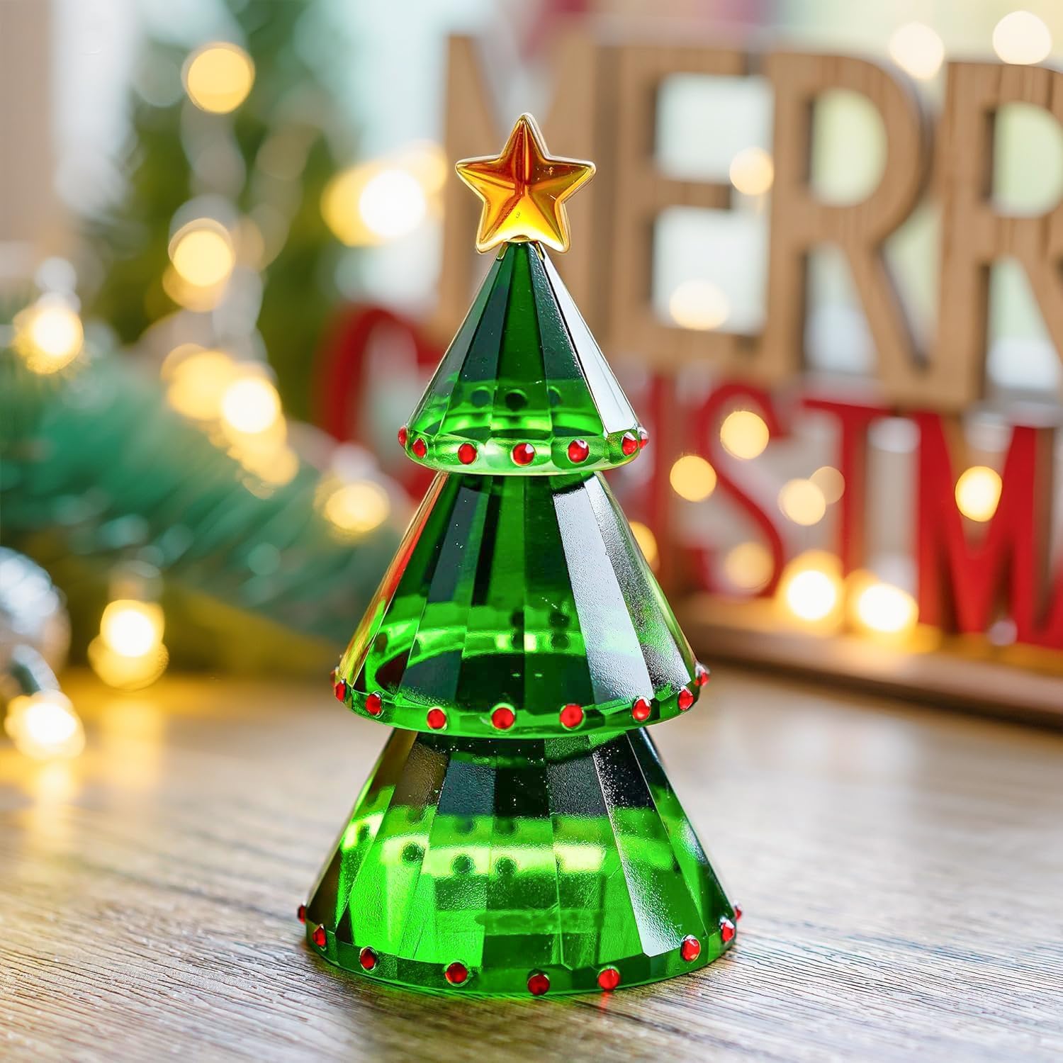 Weihnachtsbaum Figur aus grünem Kristallglas mit Geschenkbox