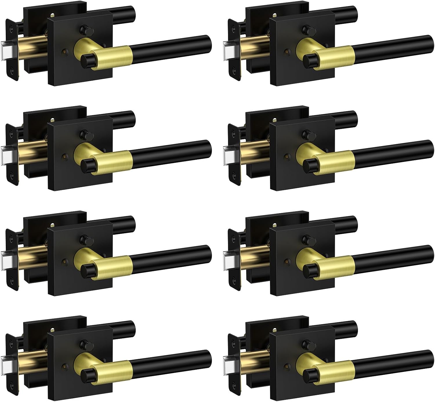 Black and Gold Door Handles Interior with Lock, Zinc Alloy Modern Privacy Lever Door Knobs Interior for Bedroom & Bathroom, Reversible for Left or Right-Handed, 8 Pack