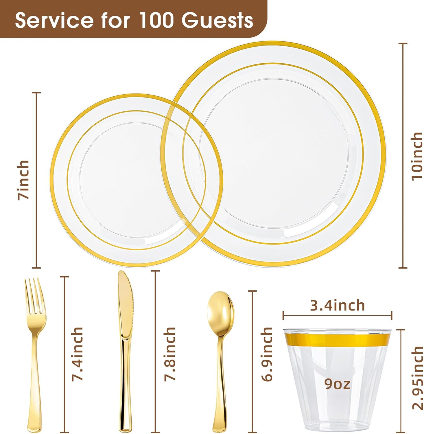 600PCS Clear Plastic Plates Sets with Gold Rim, Gold Dinnerware Set for 100 Guests,100 Disposable Dinner and Dessert Plates, 300 Silverwares and 100 Cups for Party and Wedding - Image 2