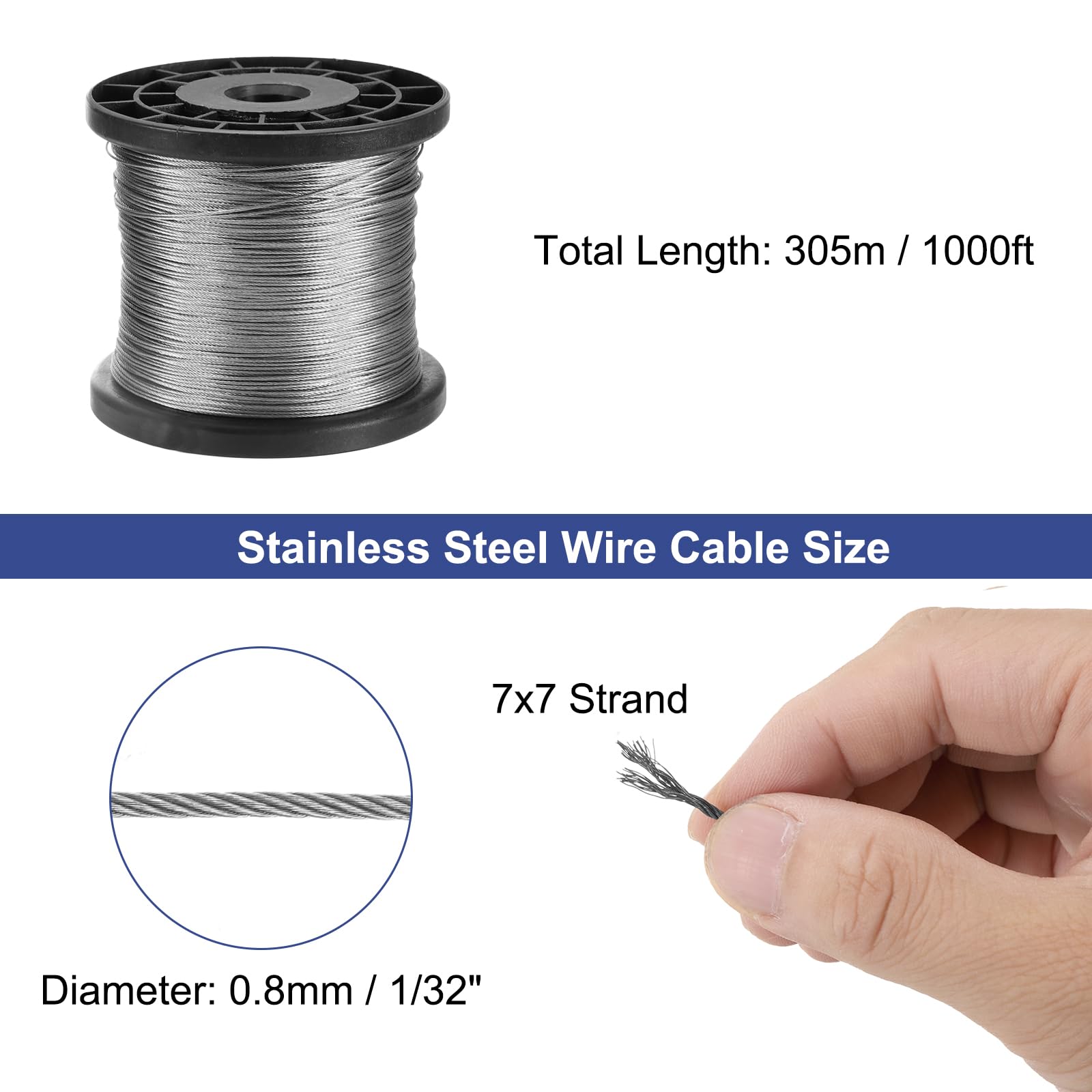 QUARKZMAN 1/32" (0.8mm) 1000ft (305m) Cable Acero Inoxidable 304 Trenzado | 7 x 7 Núcleo Alambre De Avión, Con Carrete, Para Construcción Exteriores Aparejo Marino Barandillas