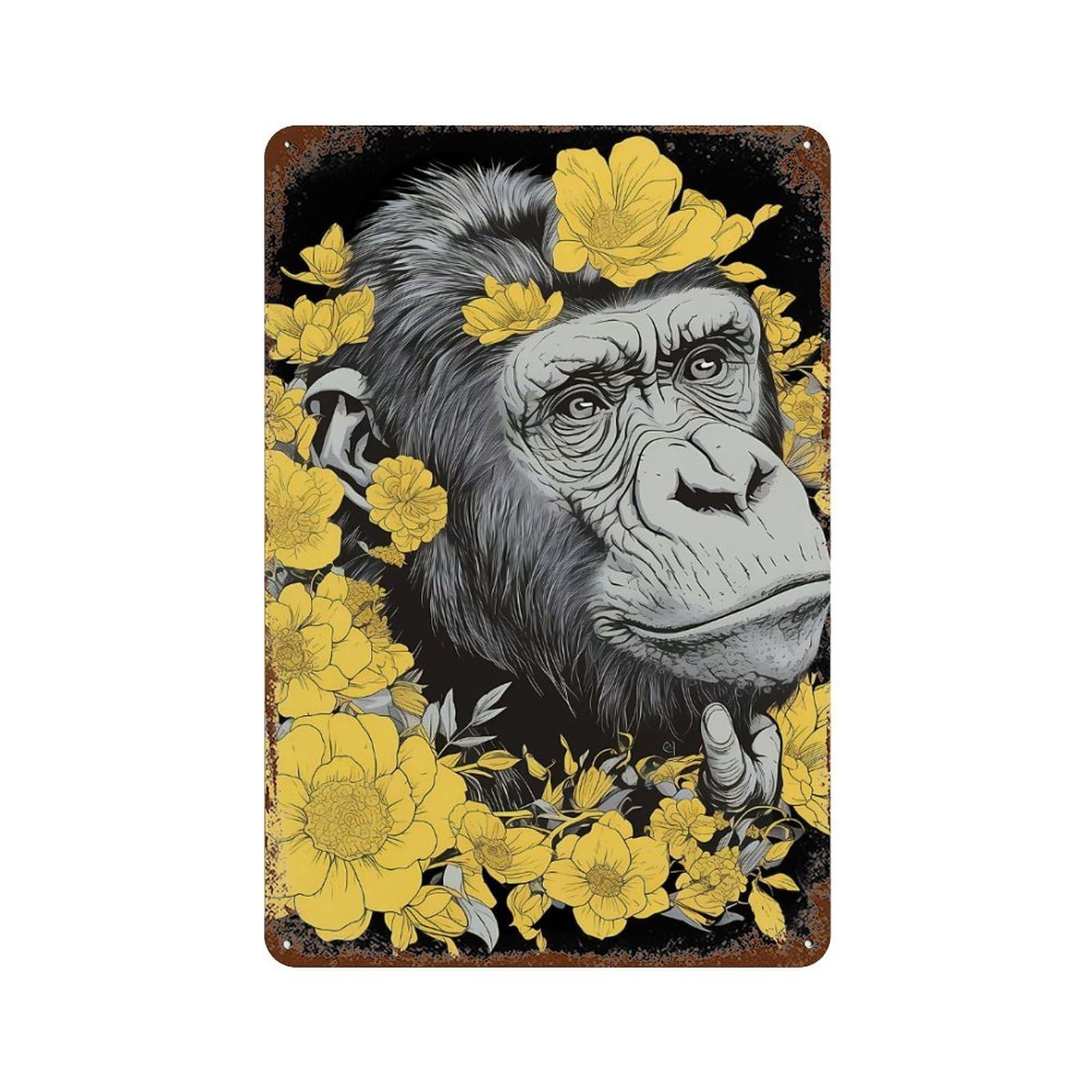 Floral Gorilla Portrait Retro Metal Sign 11.8"x7.9", Ideal for Basement, Hobby Room And Garage Decor
