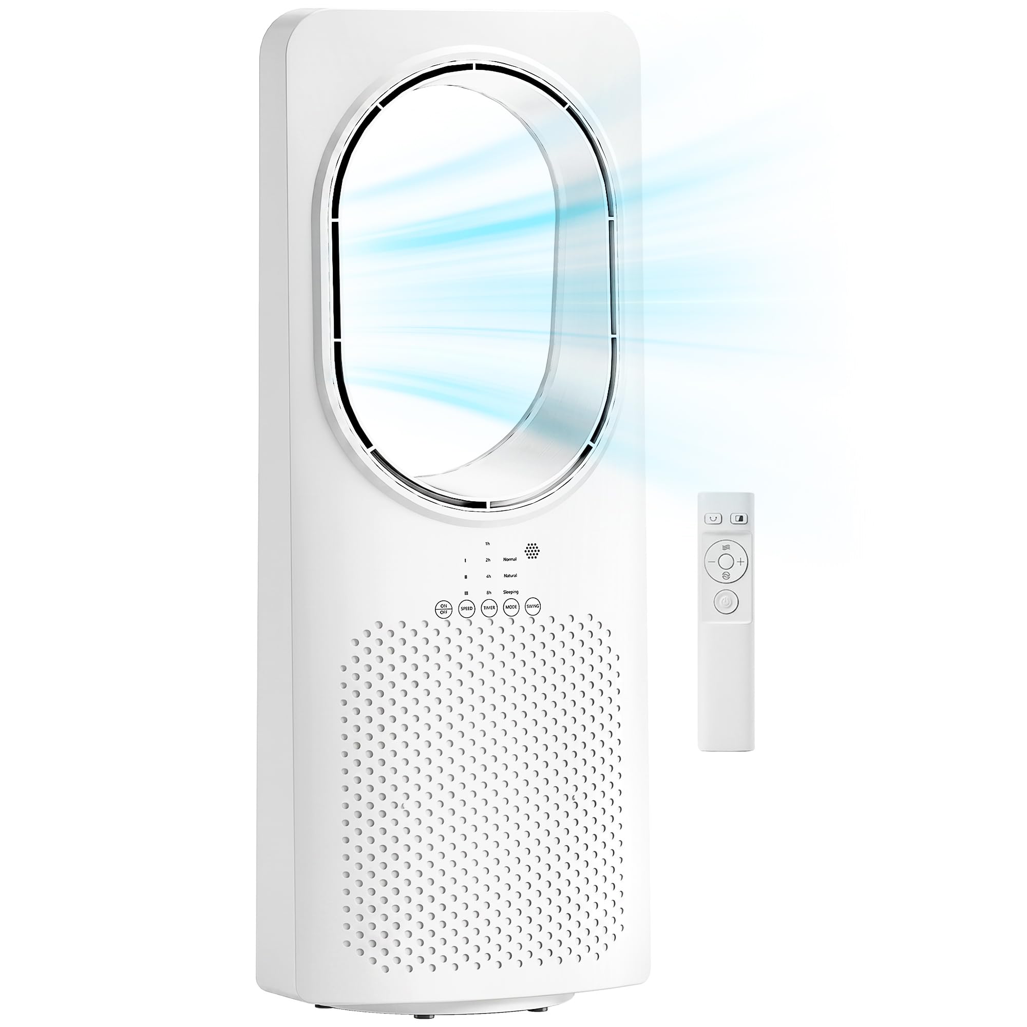 HOMCOM Ventilatore a Torre Senza Pale per Camera da Letto, Silenzioso 36dB, con Oscillazione a 45°, Luci LED, 3 Velocità, 3 Modalità, Timer 15 Ore, Telecomando, Bianco