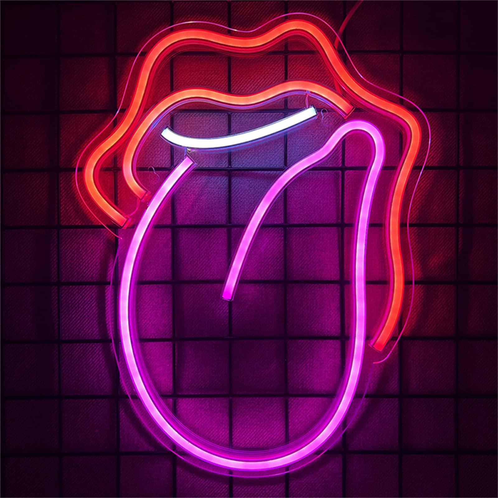 Letrero de luz de neón LED Letreros de neón de boca sexy, Luces de neón LED USB para labios y lengua para decoración de bar, Letrero luminoso para colgar en la pared de la ventana con interruptor, 32x