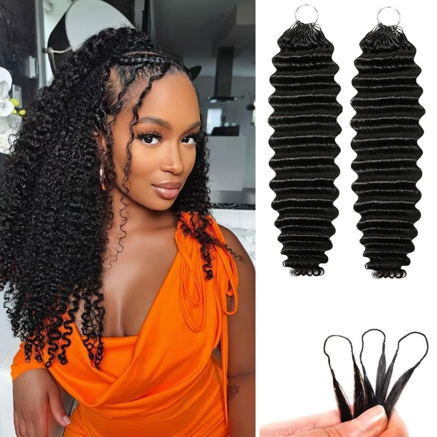Capelli umani all'uncinetto per donne nere, 40,6 cm, capelli umani ricci all'uncinetto, 120 g, nodi miracolosi pre-separati, extension di capelli umani ondulati profondi, 96 ciocche, colore nero