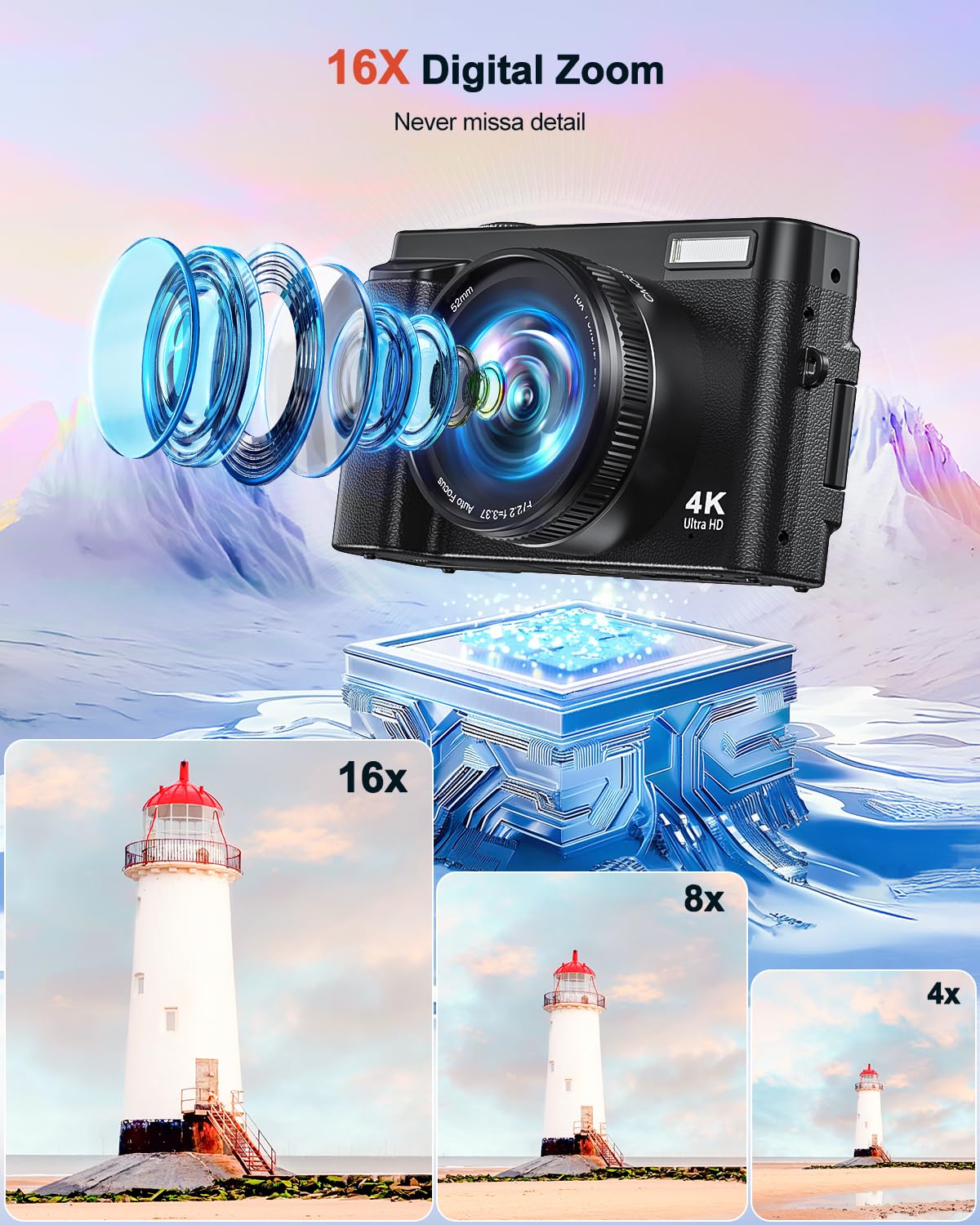 CAMKORY 4K 64MP Digital Camera with WiFi, 16x Digital Zoom, 3-Inch 180
