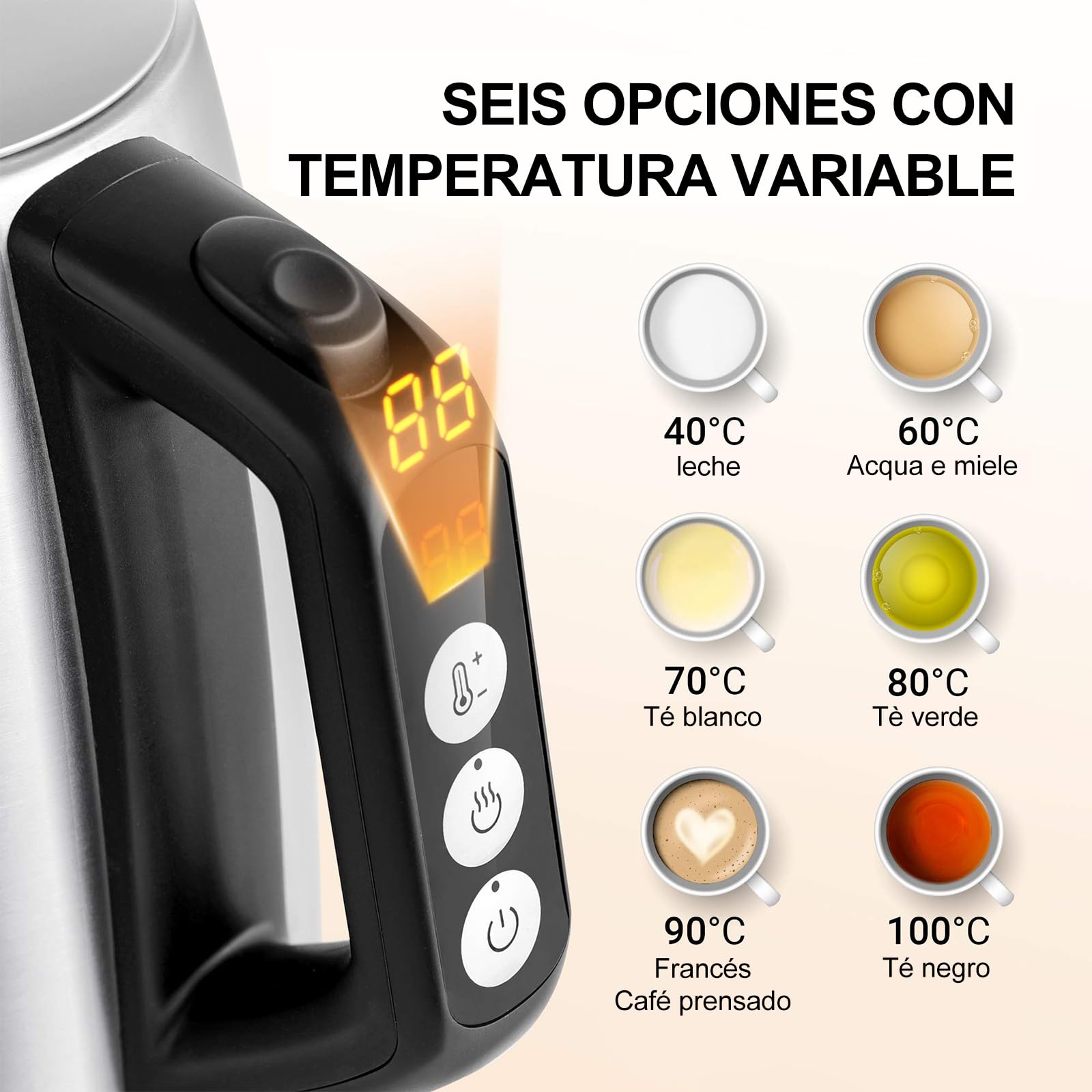 Midea Hervidor de Agua Eléctrico con Control de Temperatura (40, 60, 70, 80, 90, 100℃), Acero Inoxidable 1,7L Kettle, Hervidor Agua 2200W con Indicador del Nivel de Agua, Mantener caliente 60 minutos