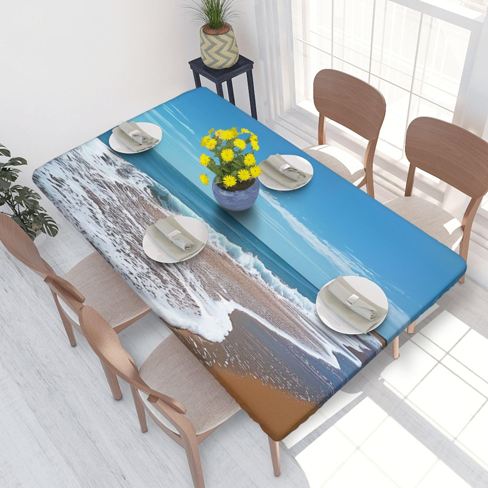 DCARSETCV Sea beach Printed 4FT Waterproof Tablecloth with Elastic Edged Protect & Decor Your Table, Oil-proof Washable Table Cloth Cover for Dinner Picnic Party